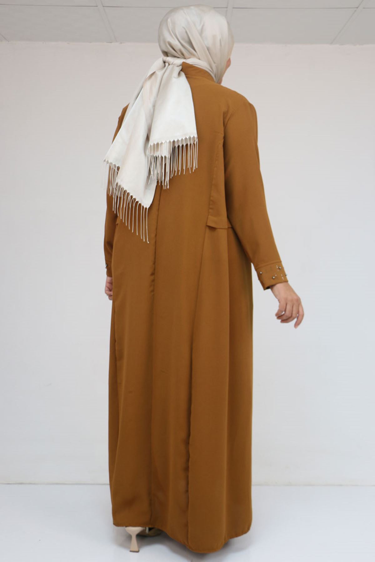 52013 Büyük Beden Taş Detaylı Krep Elbise - Hardal