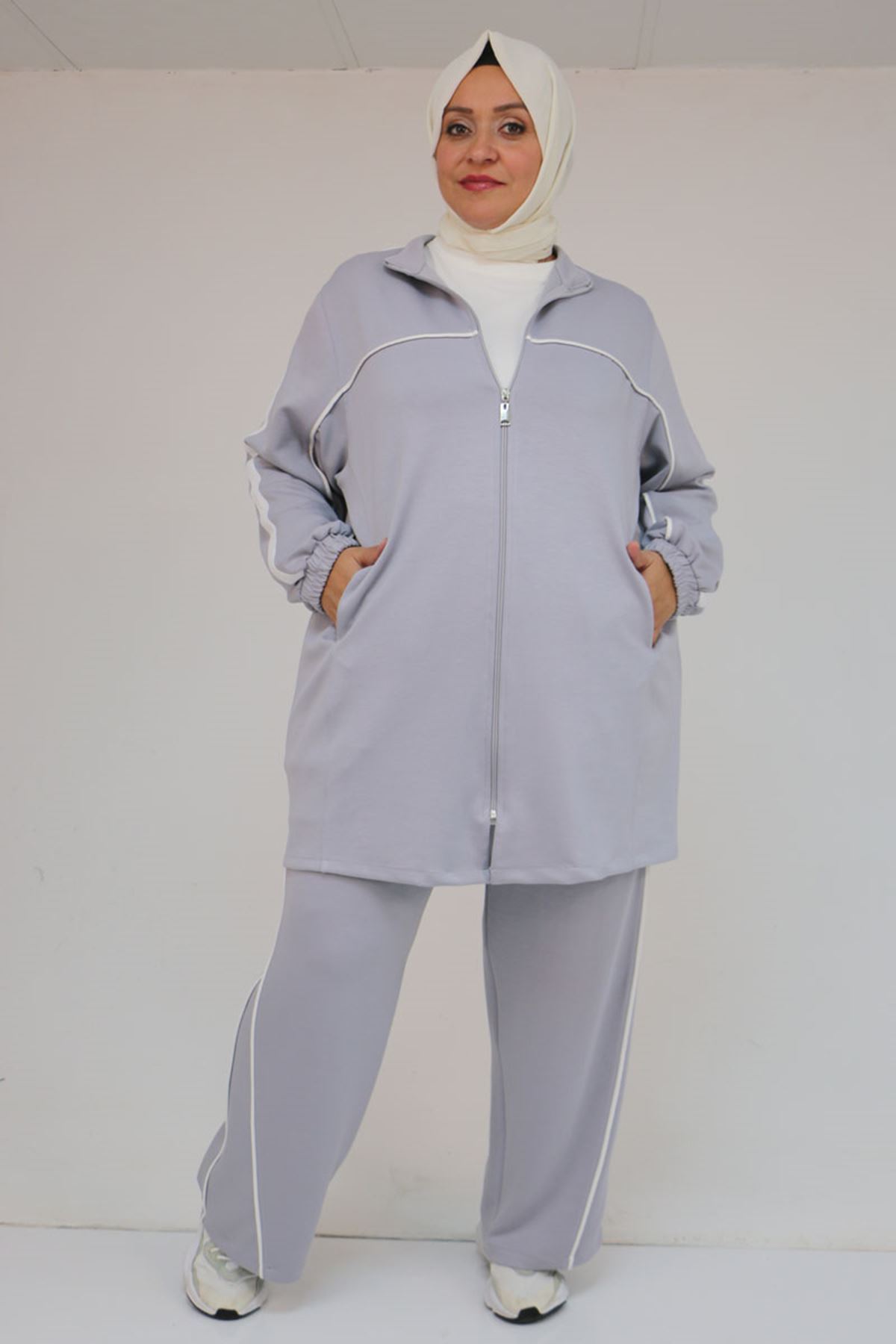 47082 Büyük Beden Kıstırma Biyeli Pantolonlu Modal Takım - Gri