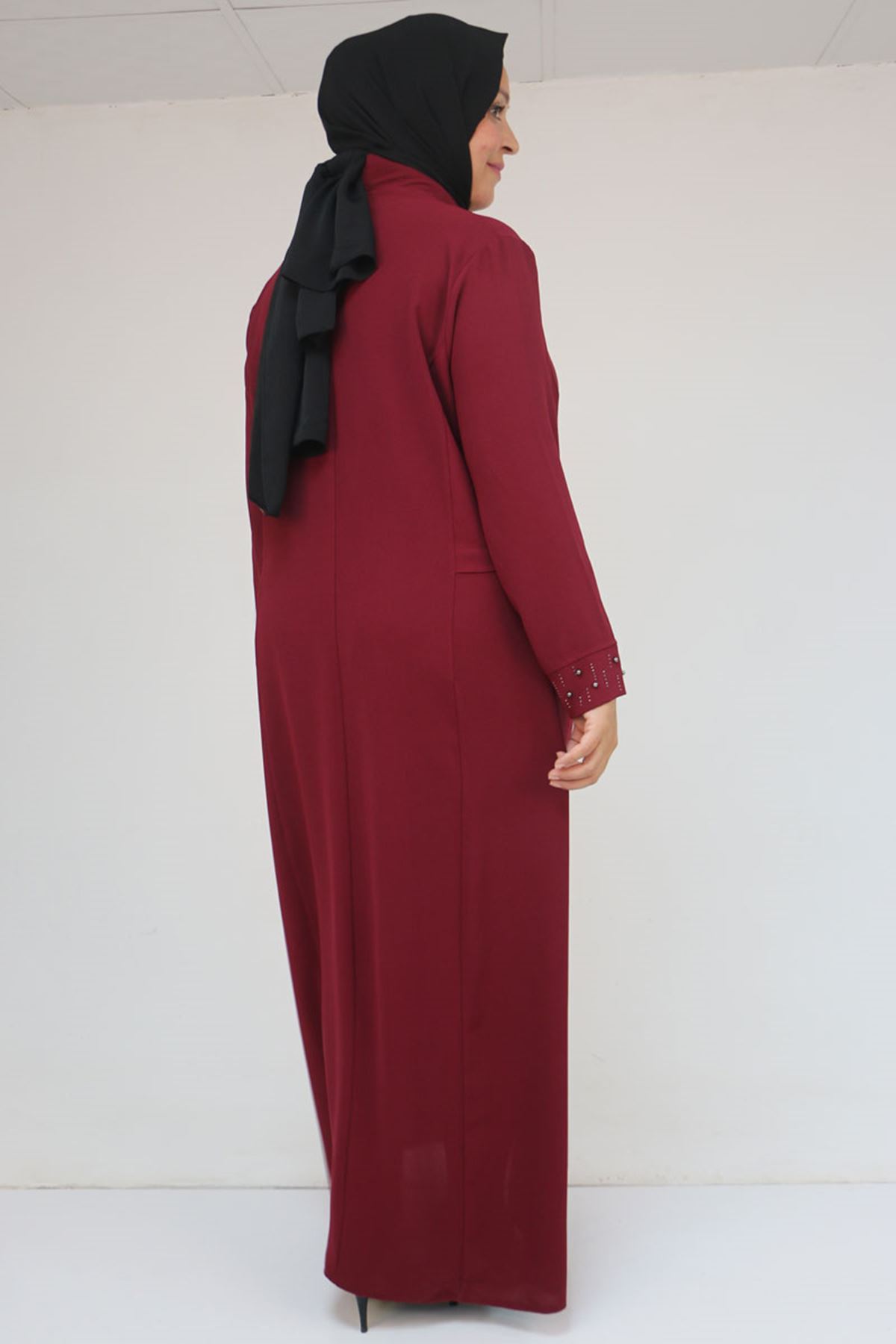52013 Büyük Beden Taş Detaylı Krep Elbise - Bordo
