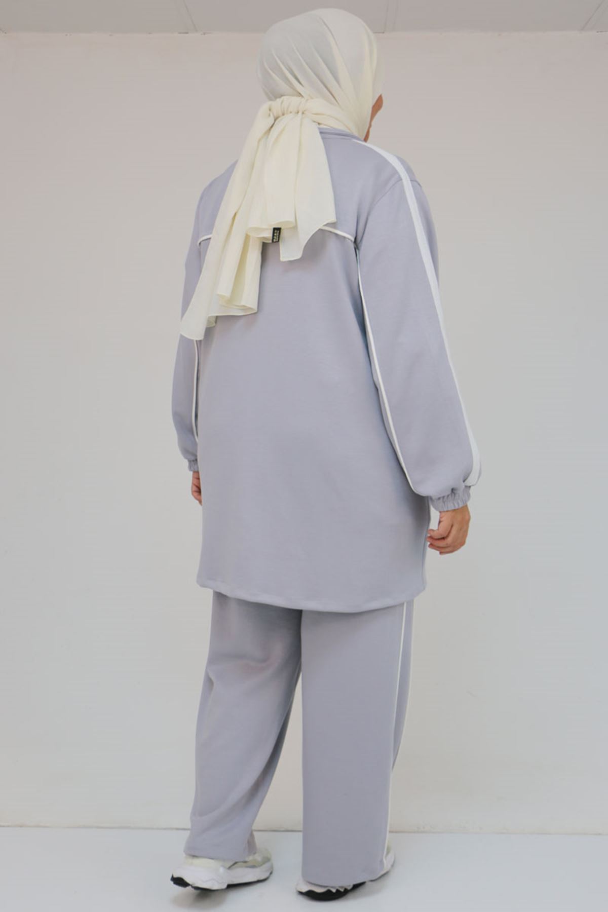 47082 Büyük Beden Kıstırma Biyeli Pantolonlu Modal Takım - Gri