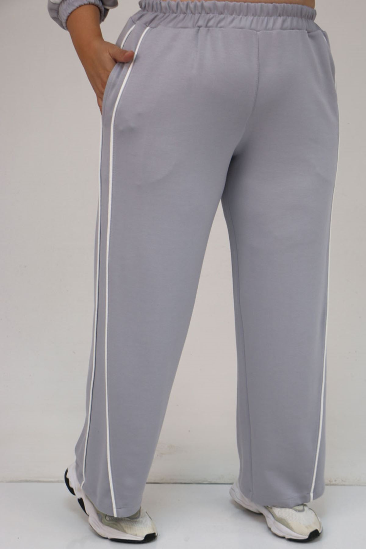 47082 Büyük Beden Kıstırma Biyeli Pantolonlu Modal Takım - Gri