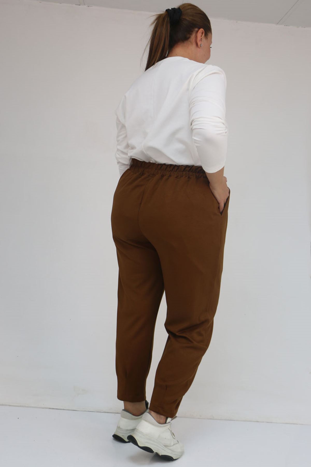 59028 Büyük Beden Paçası Çıma Detaylı Modal Pantolon - Taba