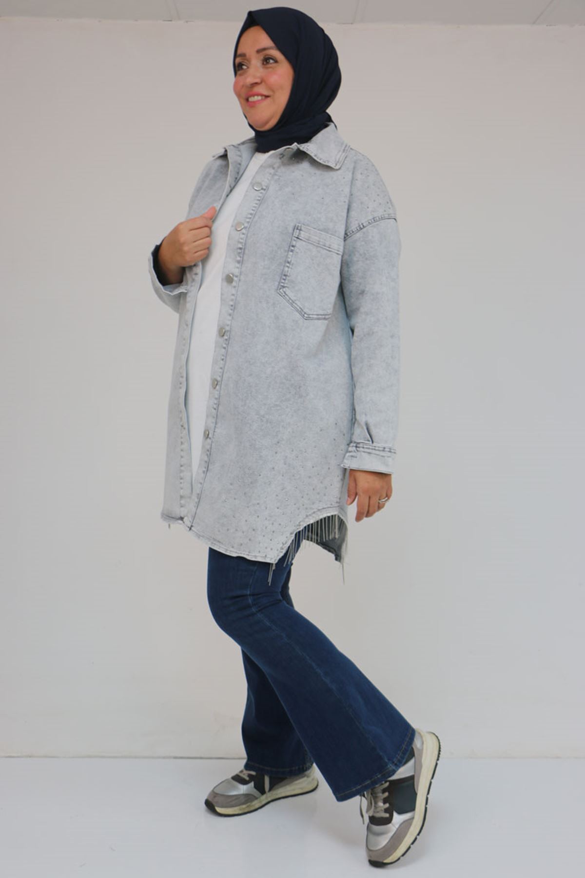 43009 Büyük Beden Erkek Yaka Kot Kap - Gri