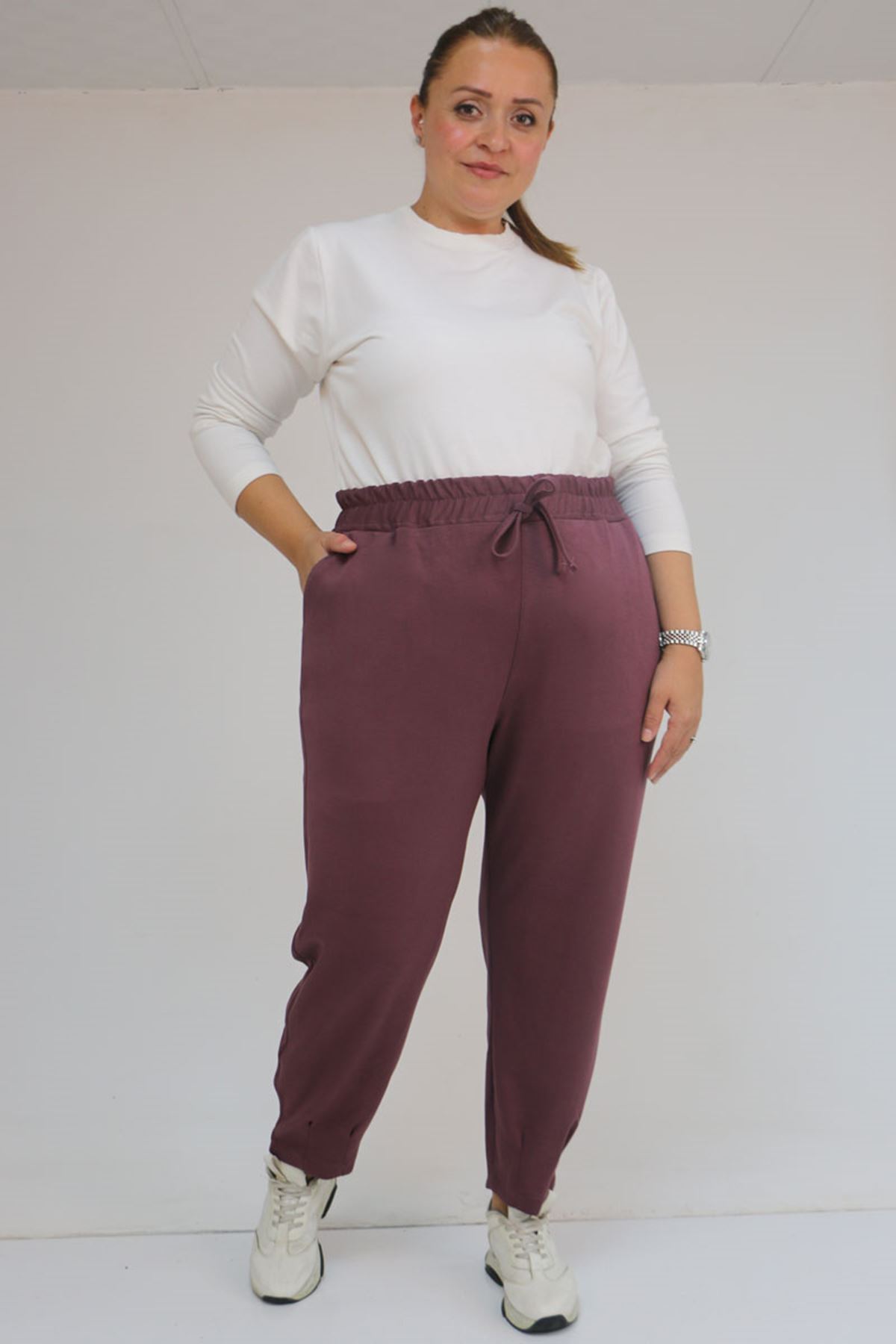 59028 Büyük Beden Paçası Çıma Detaylı Modal Pantolon - Gül Kurusu