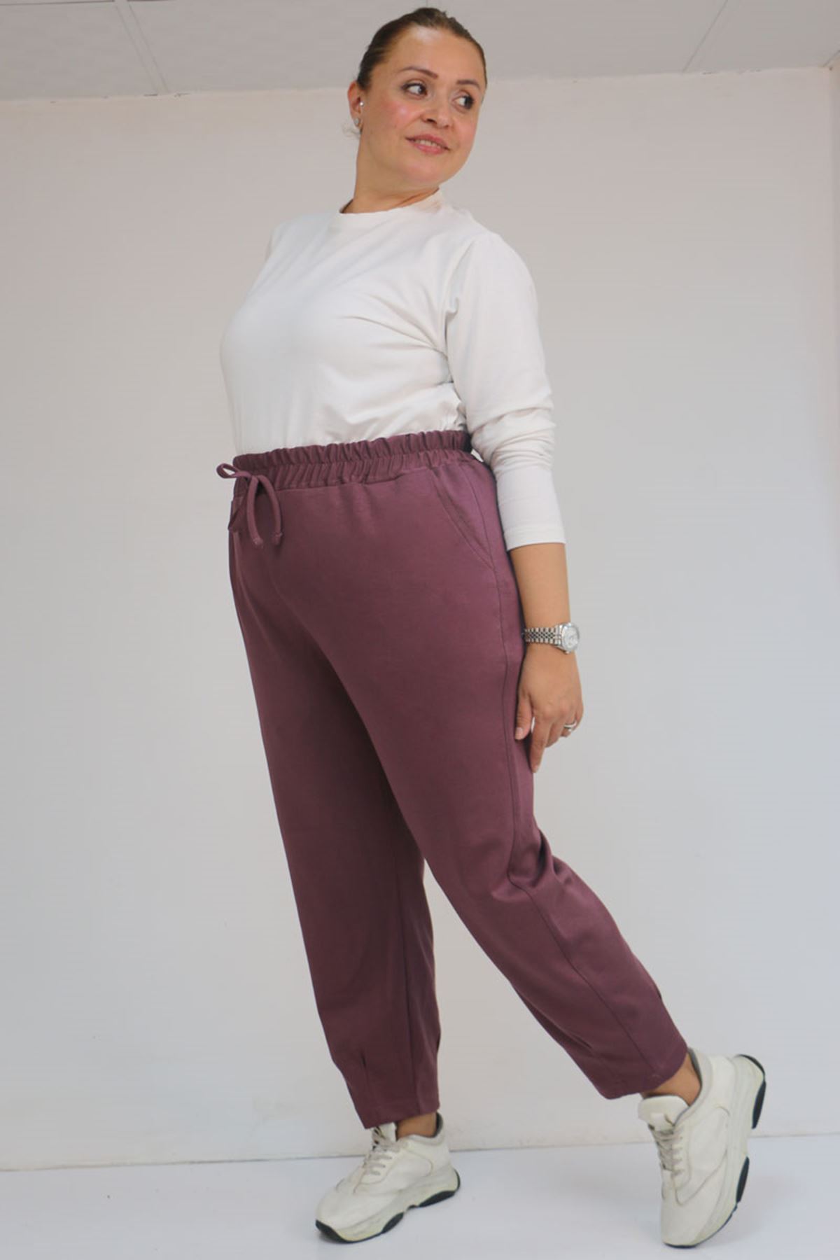 59028 Büyük Beden Paçası Çıma Detaylı Modal Pantolon - Gül Kurusu