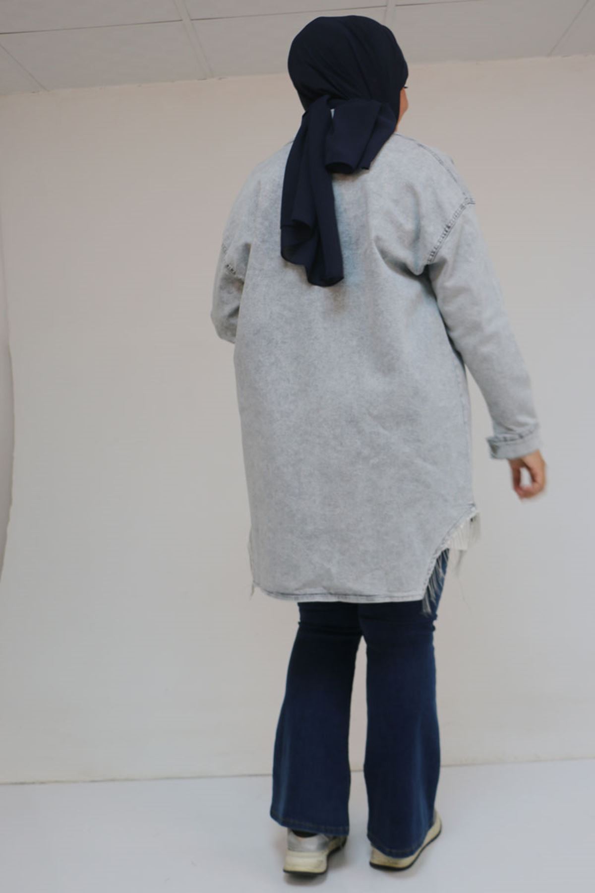 43009 Büyük Beden Erkek Yaka Kot Kap - Gri