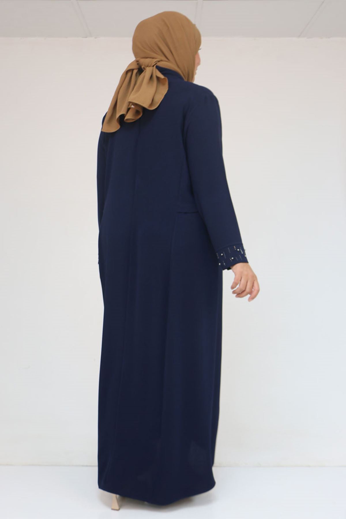 52013 Büyük Beden Taş Detaylı Krep Elbise - Lacivert