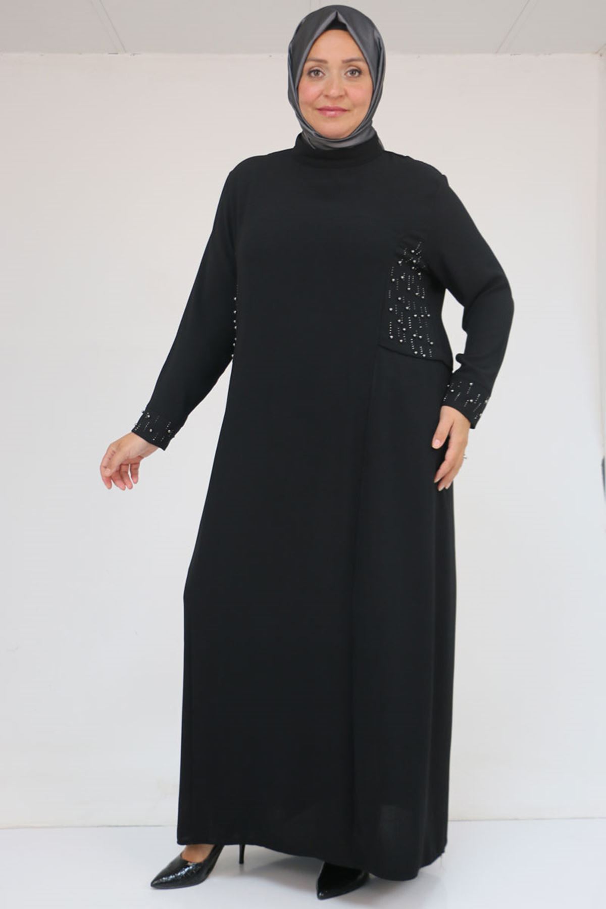 52013 Büyük Beden Taş Detaylı Krep Elbise - Siyah