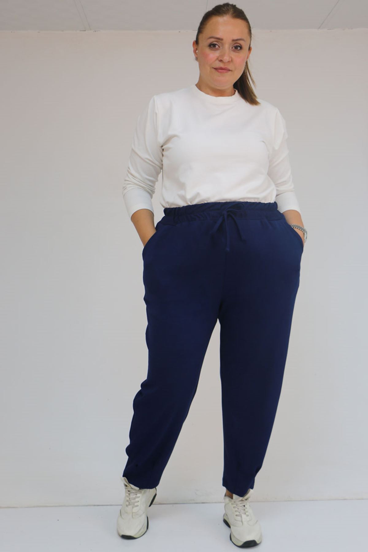 59028 Büyük Beden Paçası Çıma Detaylı Modal Pantolon - İndigo