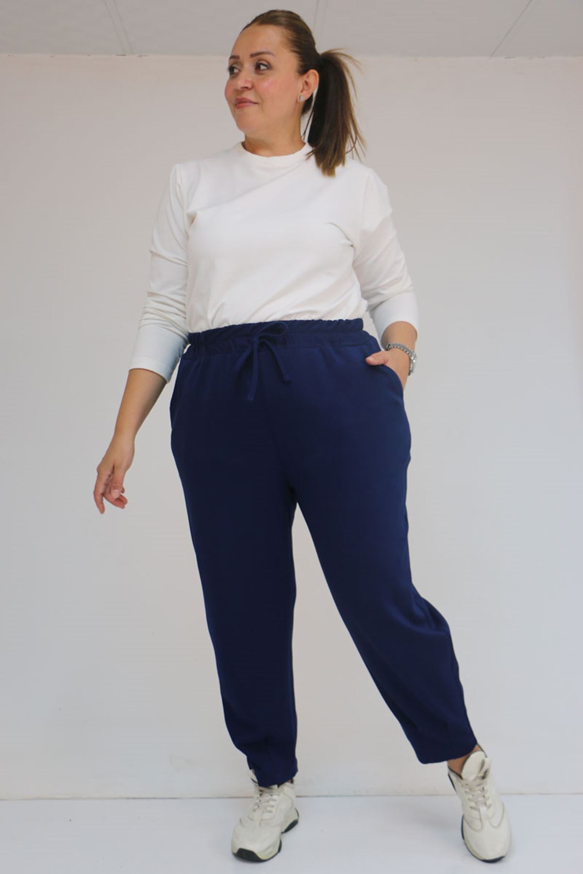 59028 Büyük Beden Paçası Çıma Detaylı Modal Pantolon - İndigo