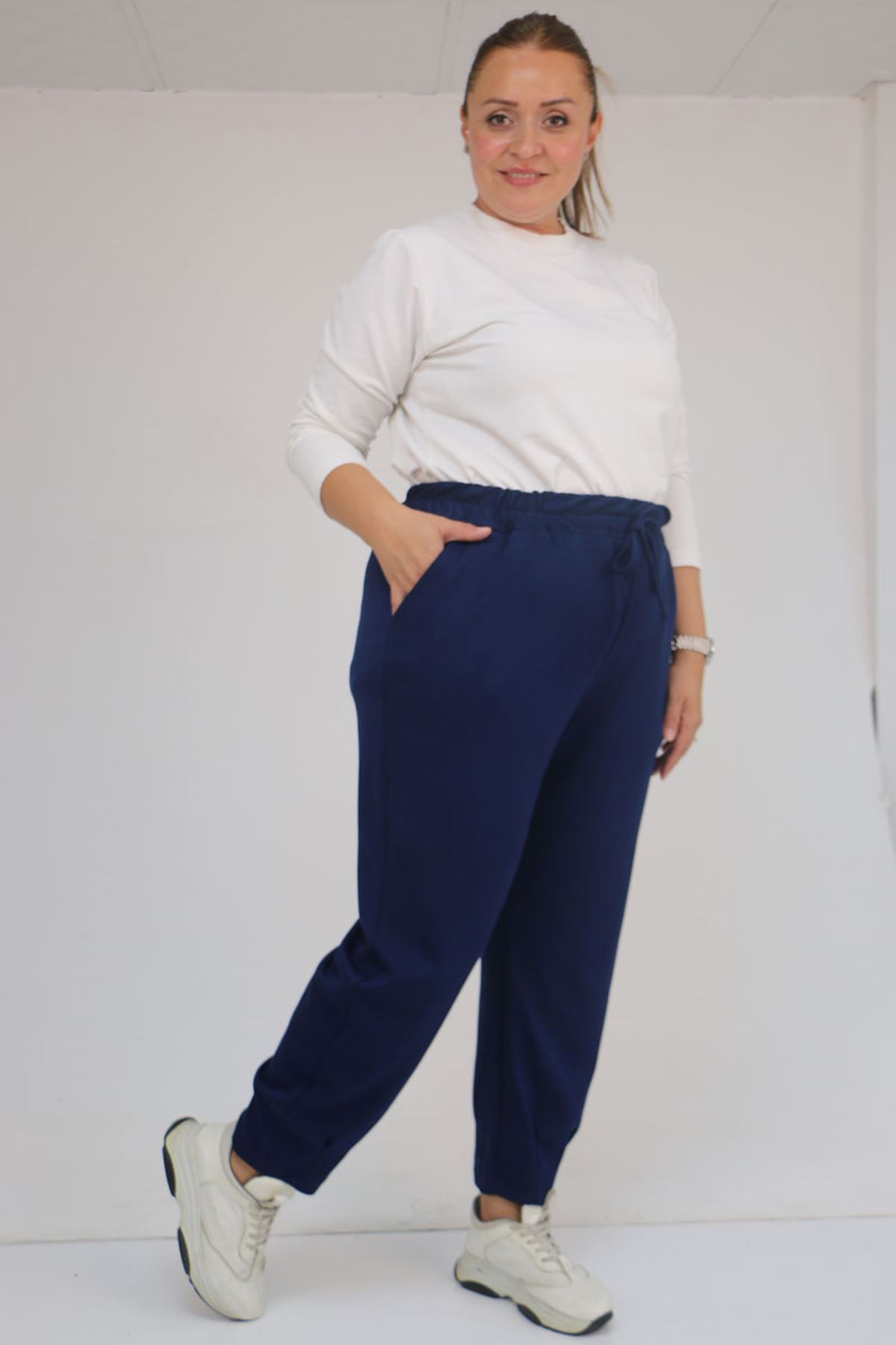 59028 Büyük Beden Paçası Çıma Detaylı Modal Pantolon - İndigo