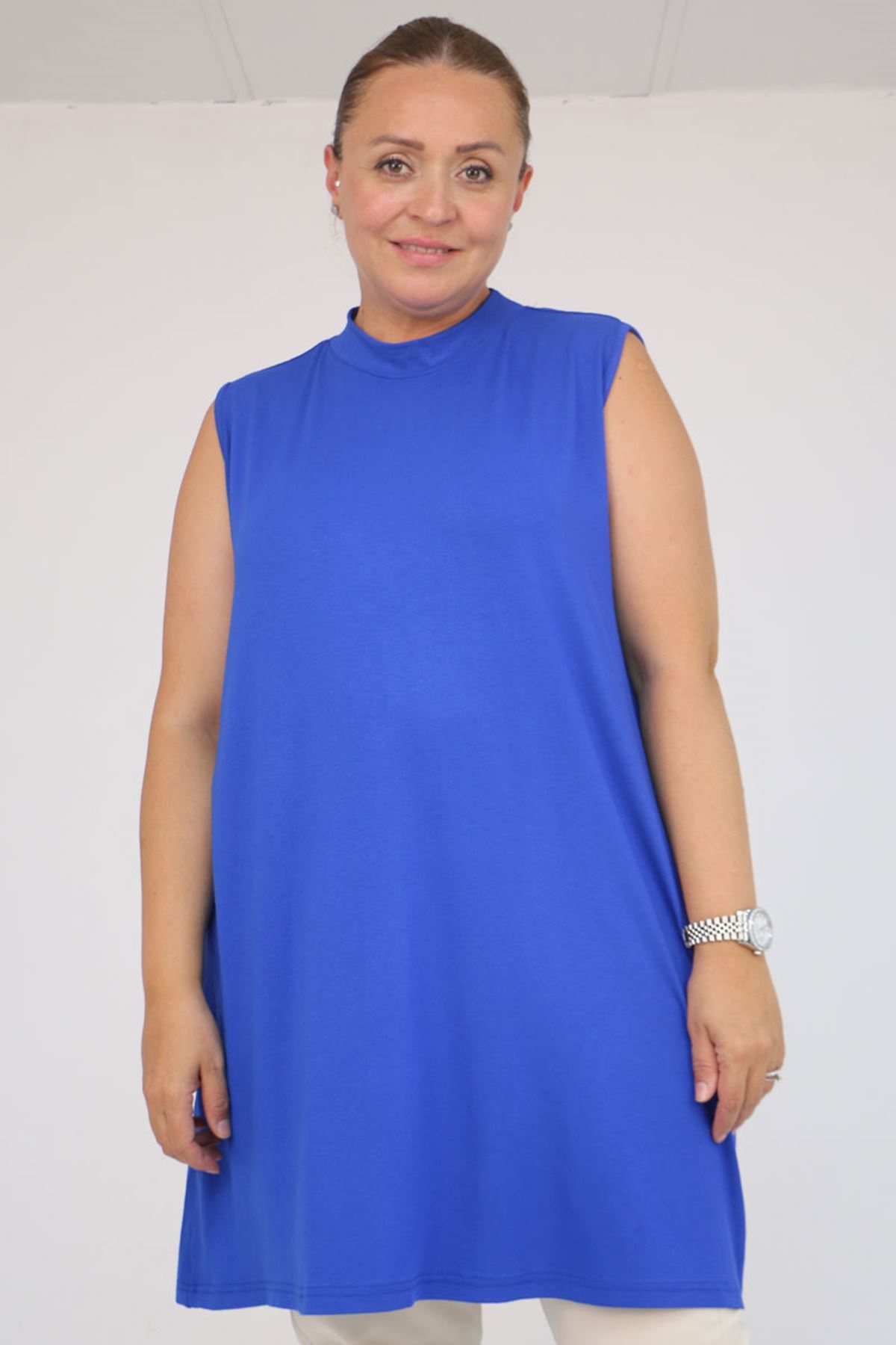 58501 Büyük Beden Hakim Yakalı Penye İçlik - Saks