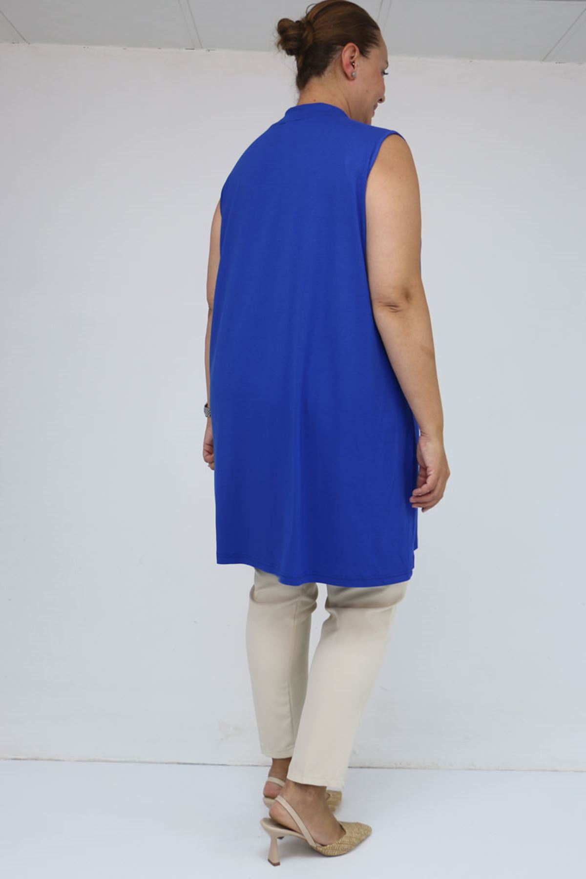 58501 Büyük Beden Hakim Yakalı Penye İçlik - Saks