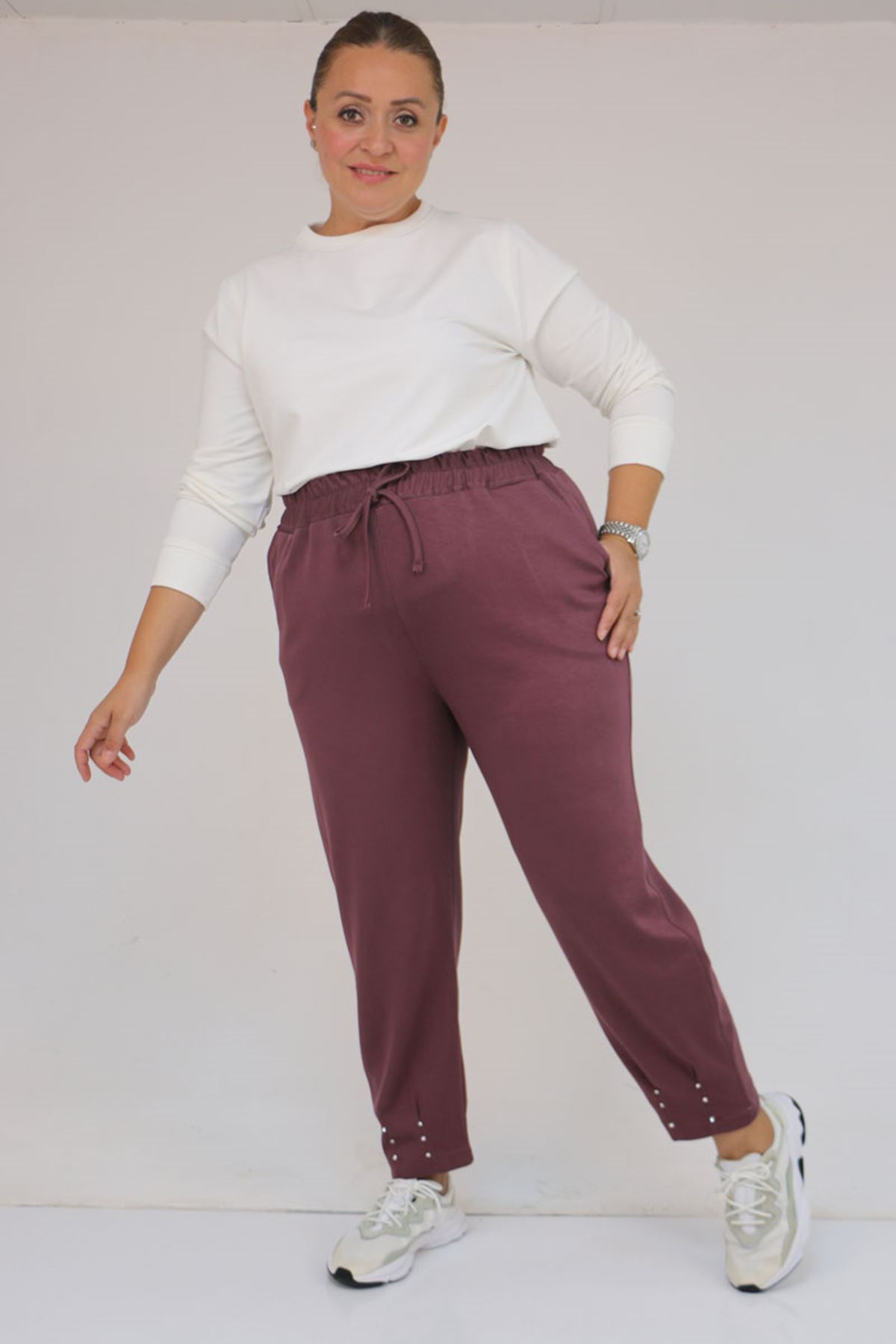 59027 Büyük Beden Paçasında İnci Çakma Modal Pantolon - Gül Kurusu