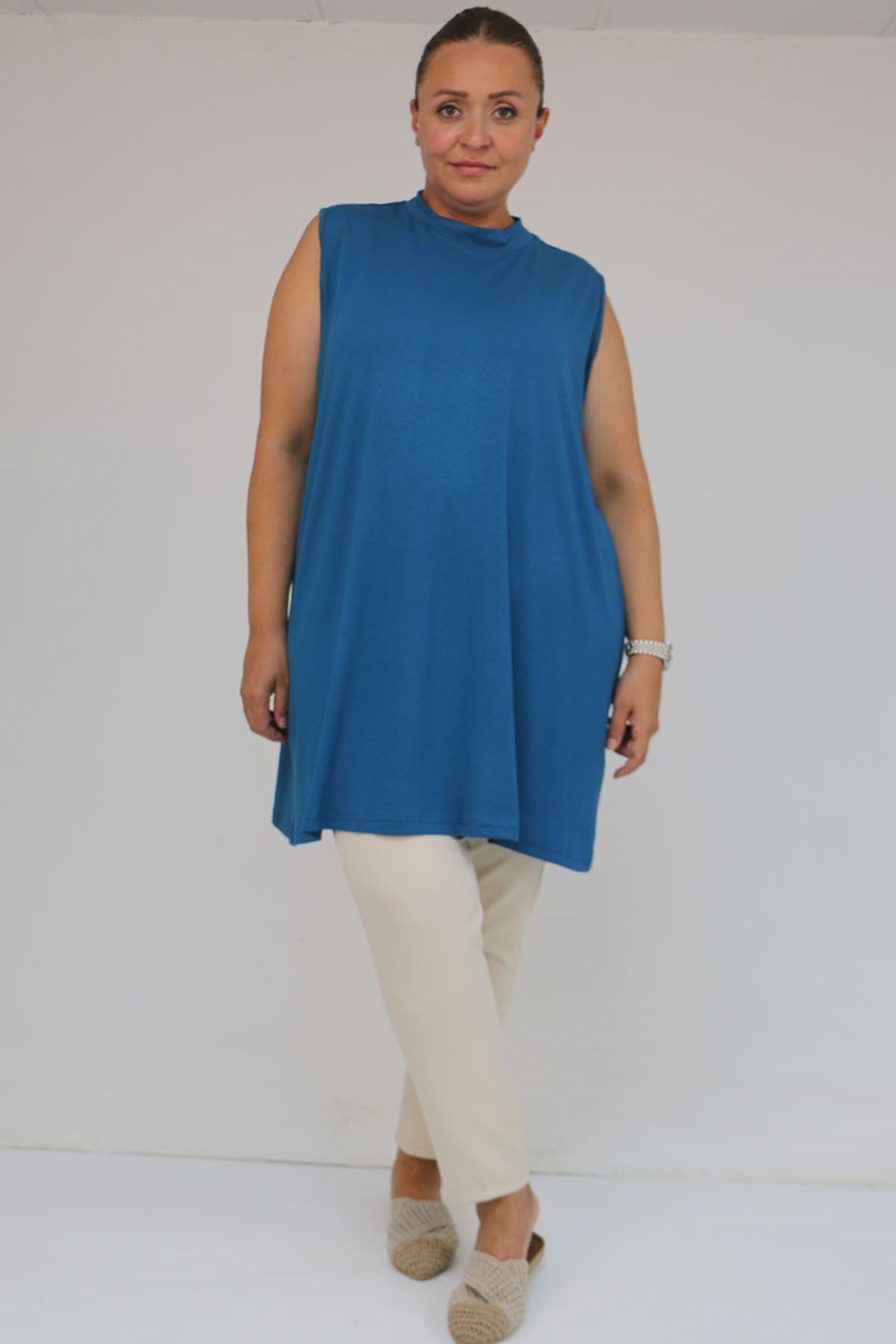 58501 Büyük Beden Hakim Yakalı Penye İçlik - Petrol