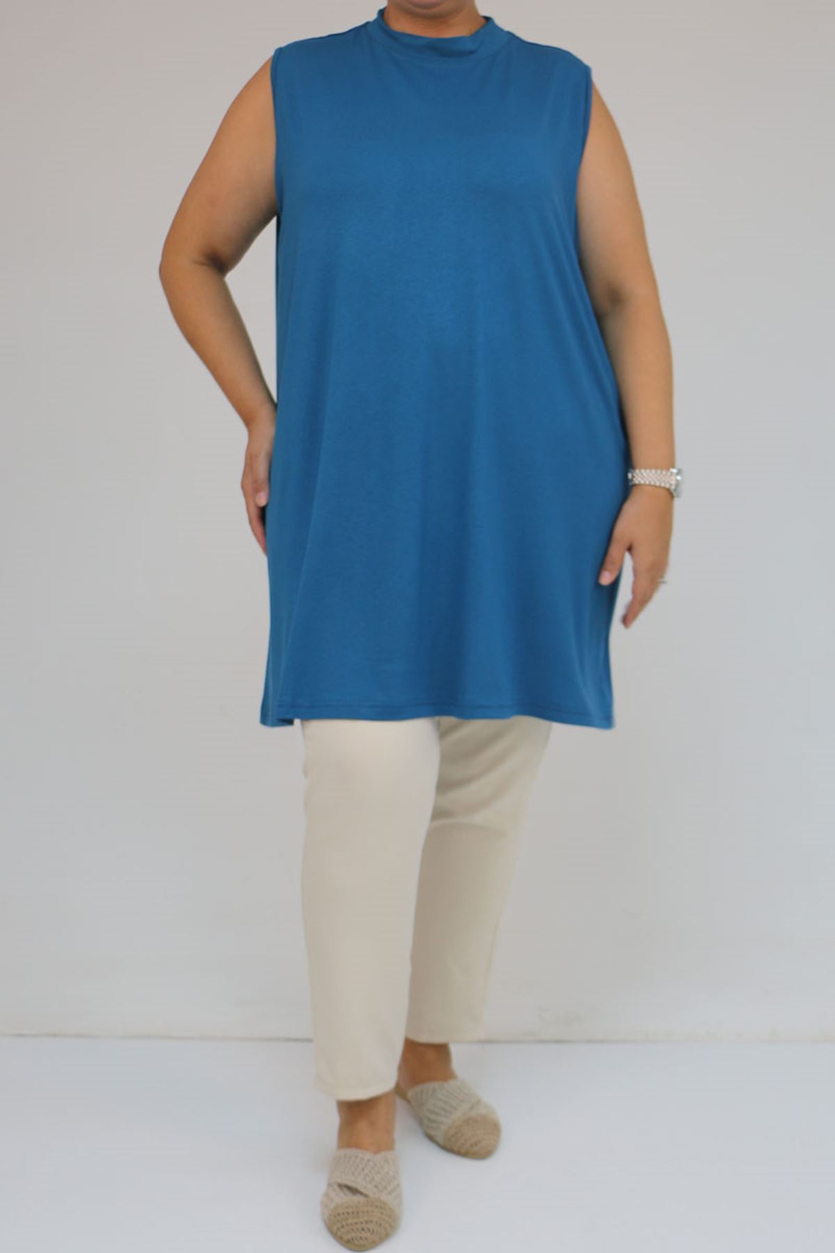 58501 Büyük Beden Hakim Yakalı Penye İçlik - Petrol