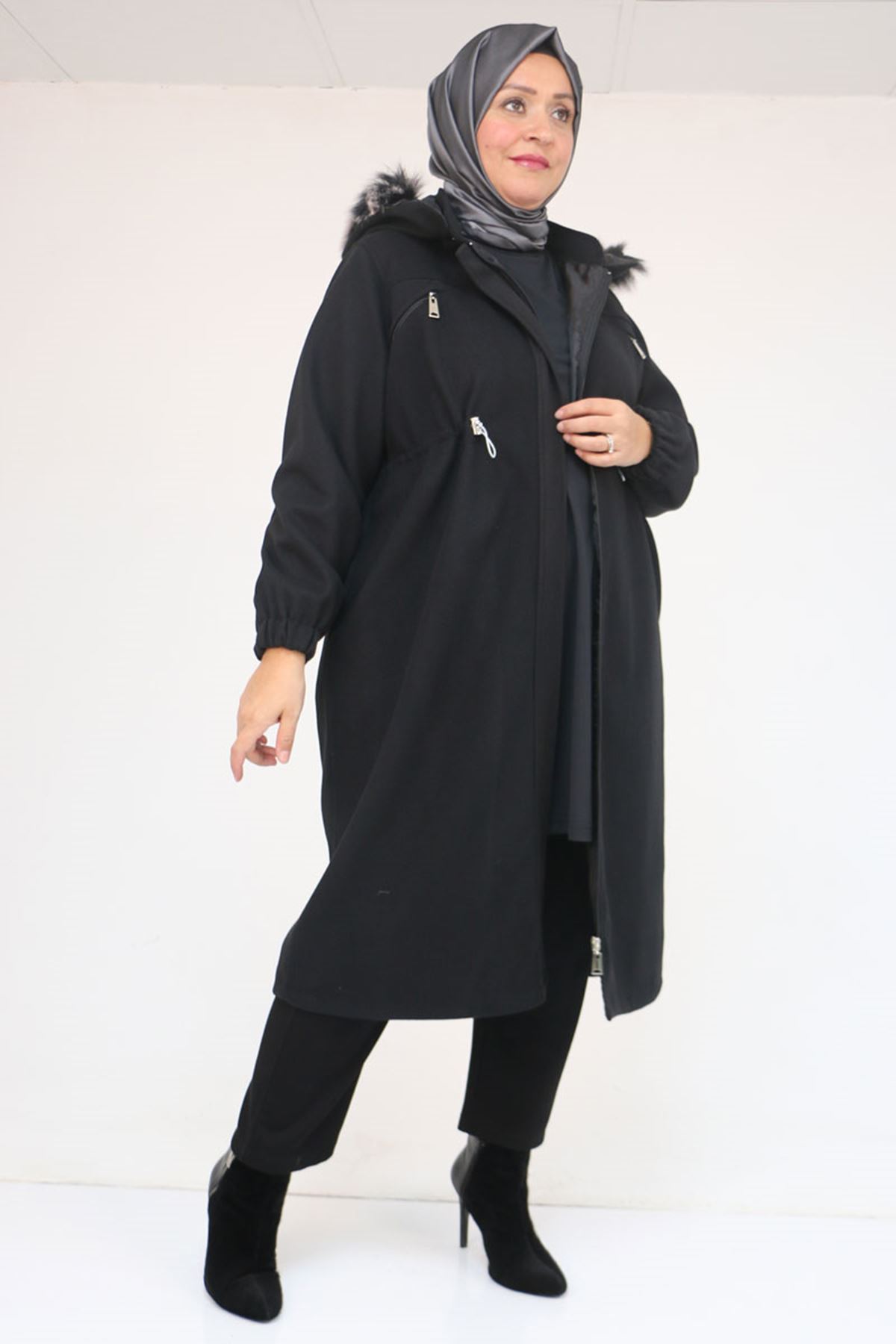 43087 Büyük Beden Kolları Lastikli Kapşonlu Kaşe Kaban - Siyah