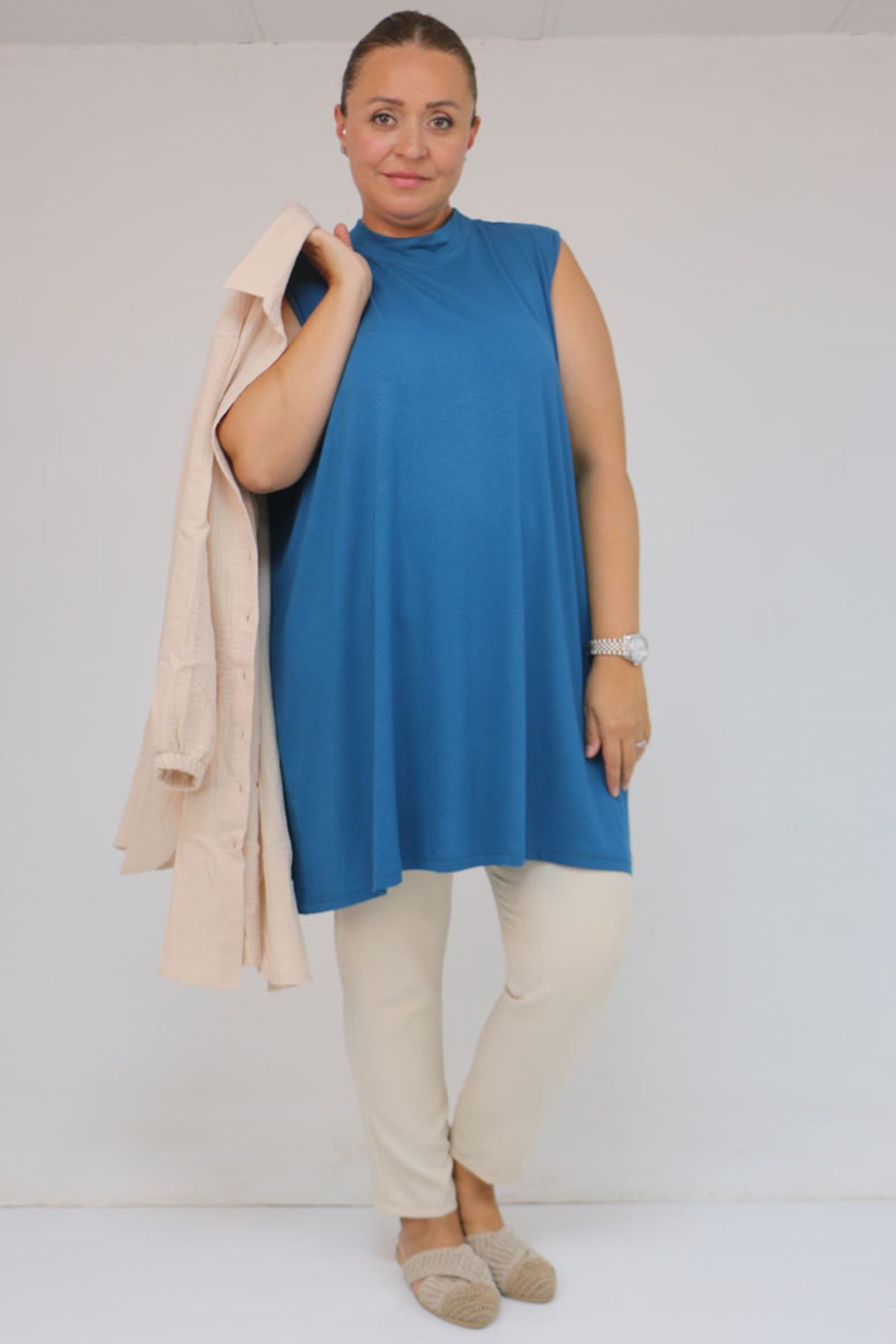 58501 Büyük Beden Hakim Yakalı Penye İçlik - Petrol