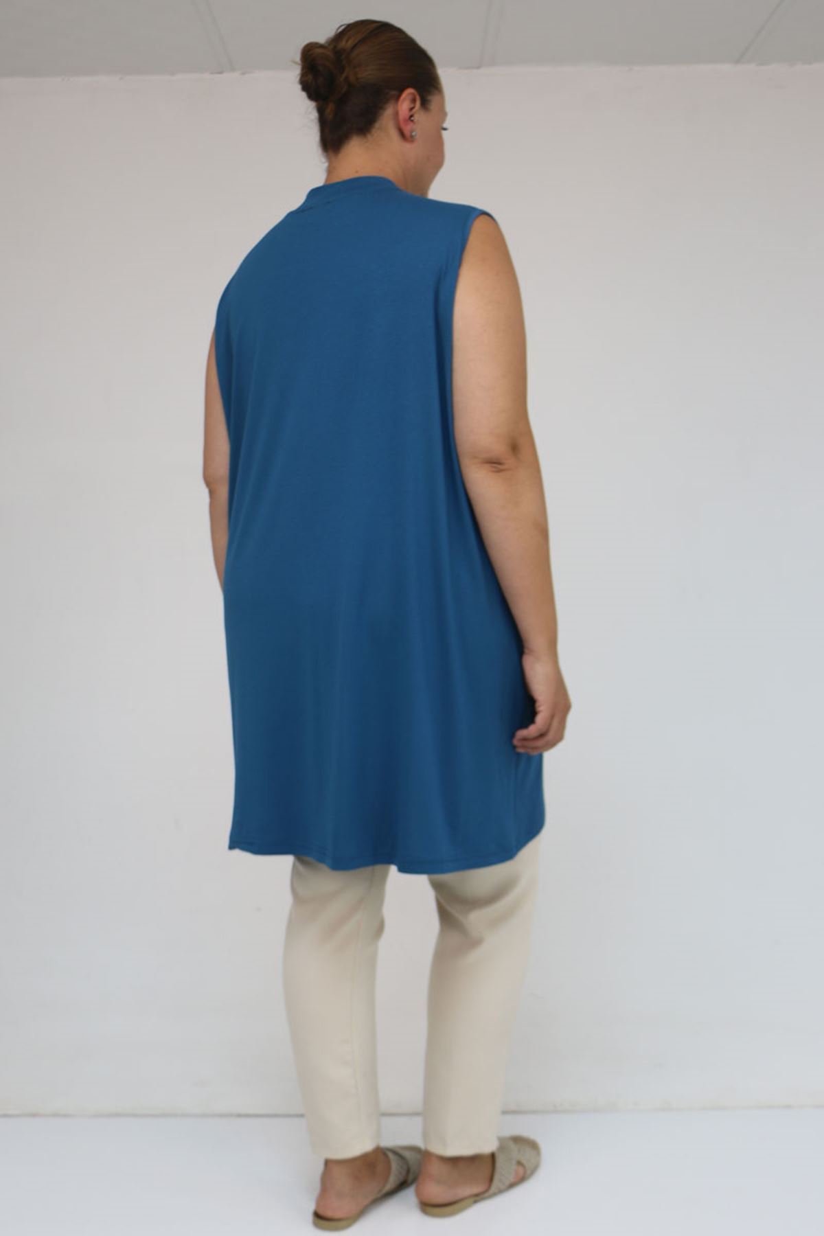 58501 Büyük Beden Hakim Yakalı Penye İçlik - Petrol