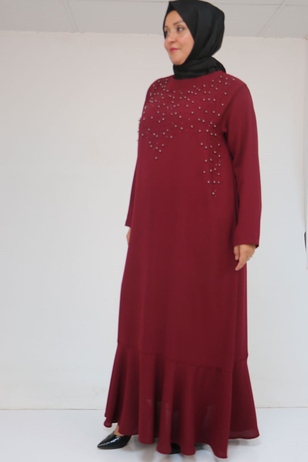 52025 Büyük Beden Etek Ucu Volanlı Taş Detaylı Elbise - Bordo