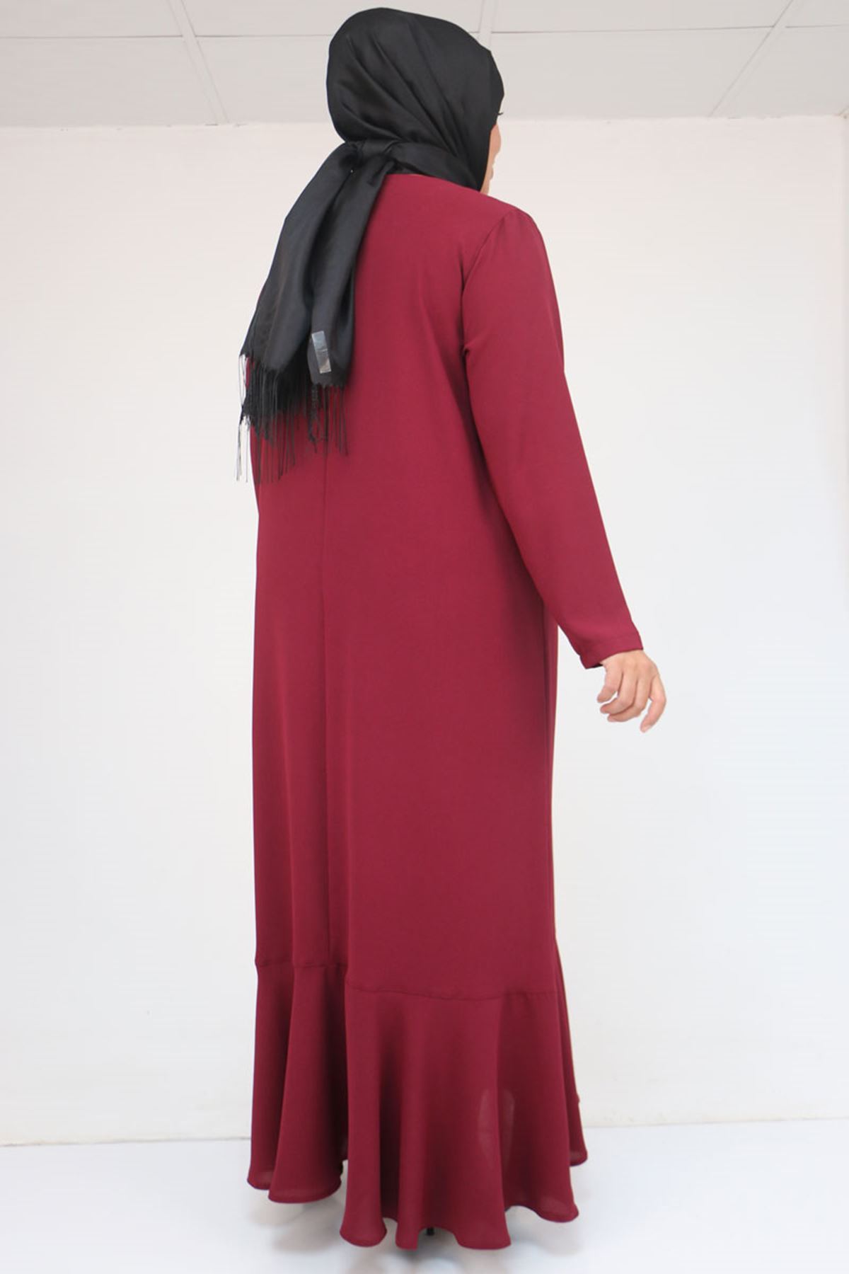 52025 Büyük Beden Etek Ucu Volanlı Taş Detaylı Elbise - Bordo