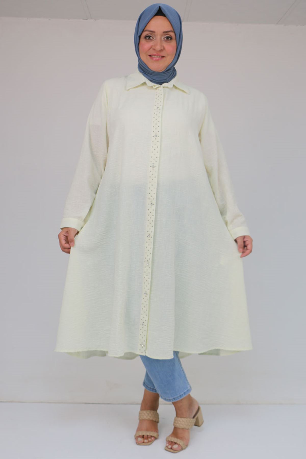 58087 Büyük Beden Taş Baskı Detaylı Keten Mevlana Tunik - Ekru