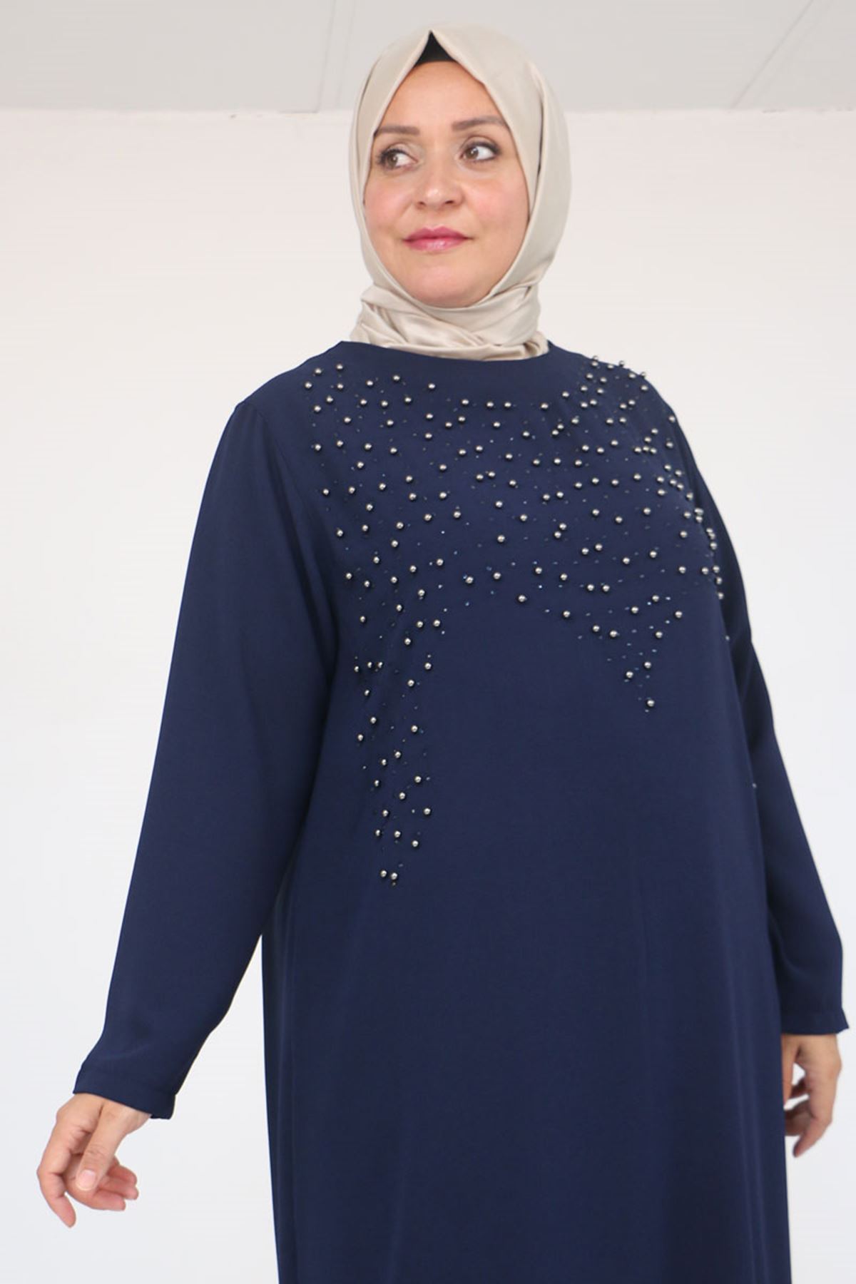 52025 Büyük Beden Etek Ucu Volanlı Taş Detaylı Elbise - Lacivert