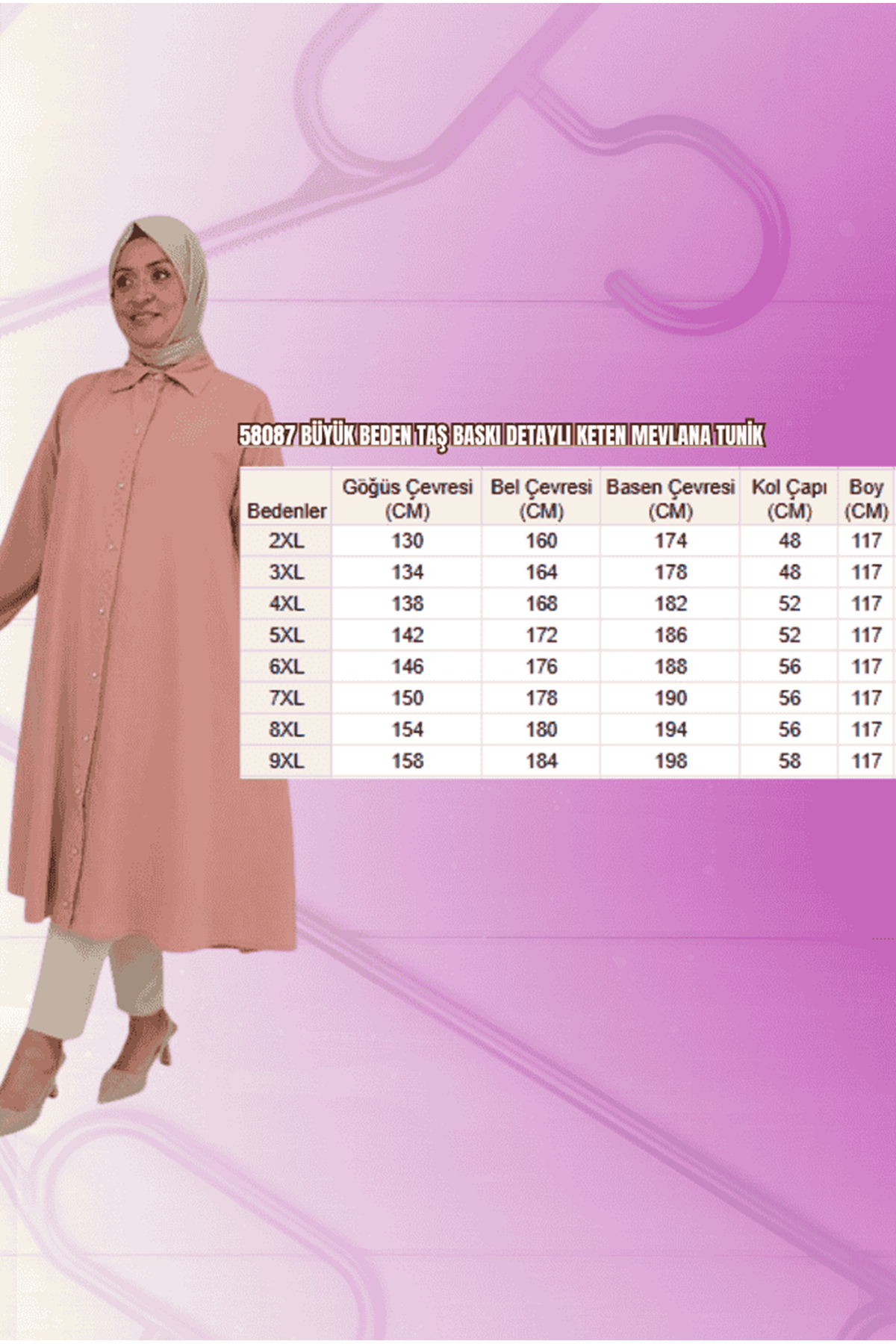 58087 Büyük Beden Taş Baskı Detaylı Keten Mevlana Tunik - Ekru