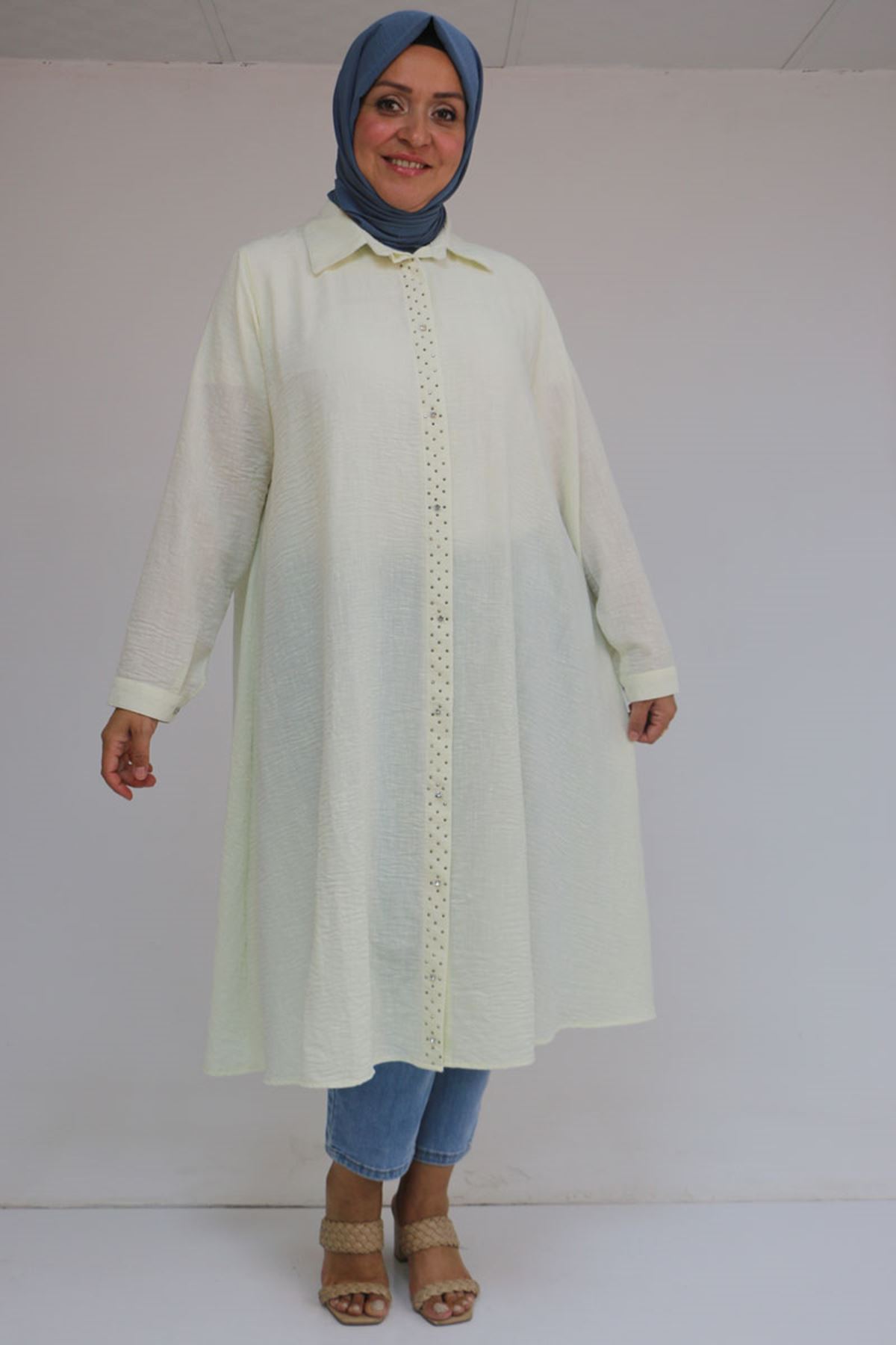 58087 Büyük Beden Taş Baskı Detaylı Keten Mevlana Tunik - Ekru