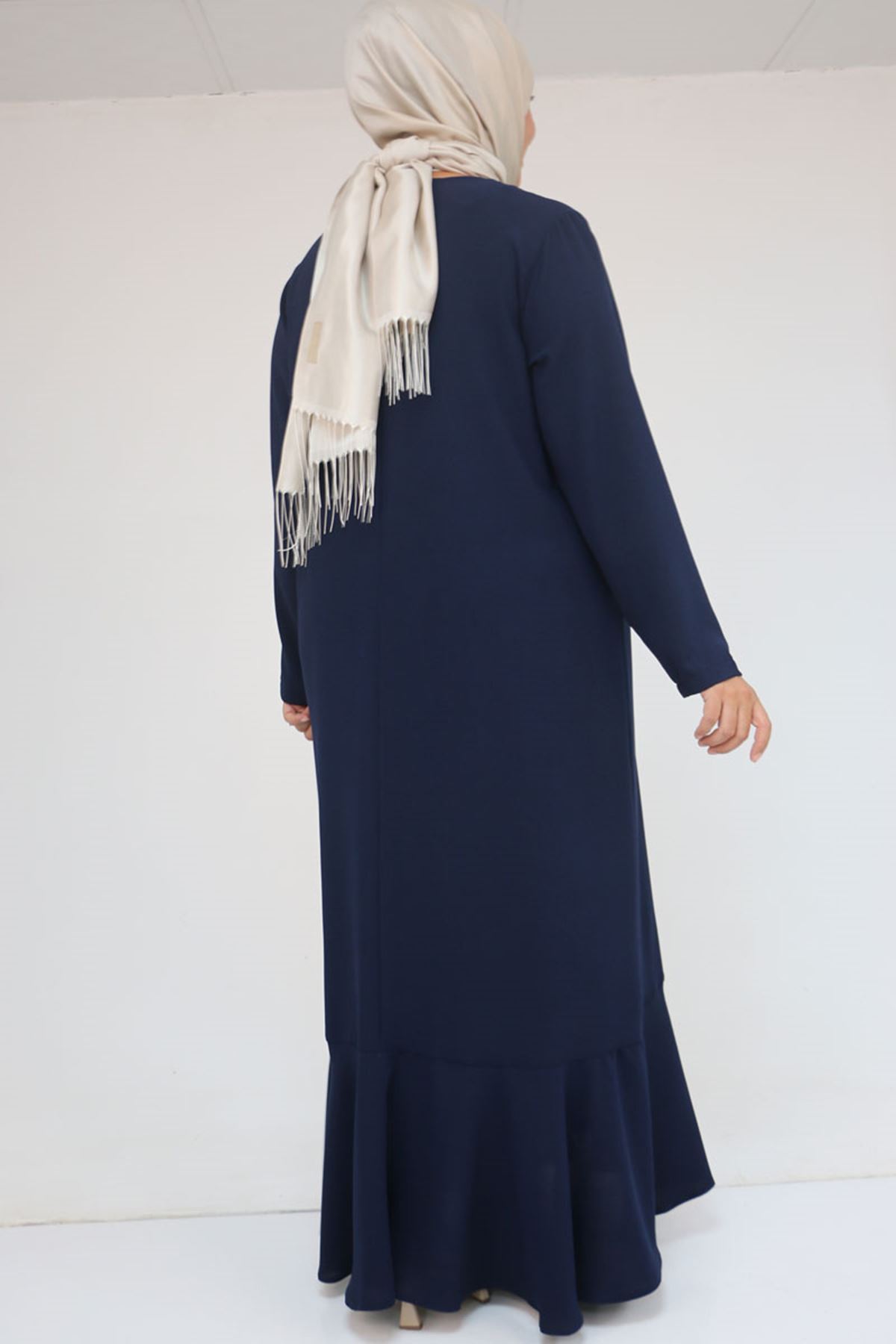 52025 Büyük Beden Etek Ucu Volanlı Taş Detaylı Elbise - Lacivert