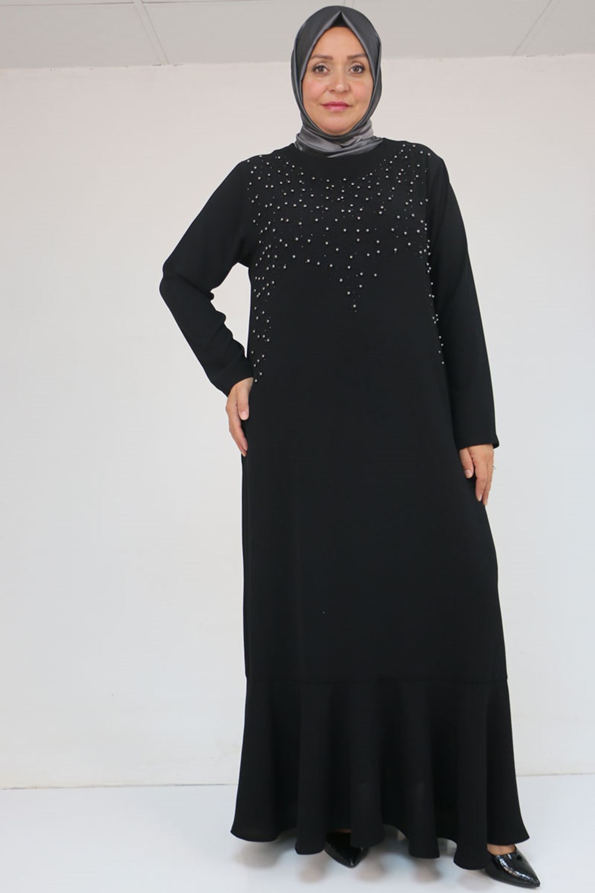 52025 Büyük Beden Etek Ucu Volanlı Taş Detaylı Elbise - Siyah