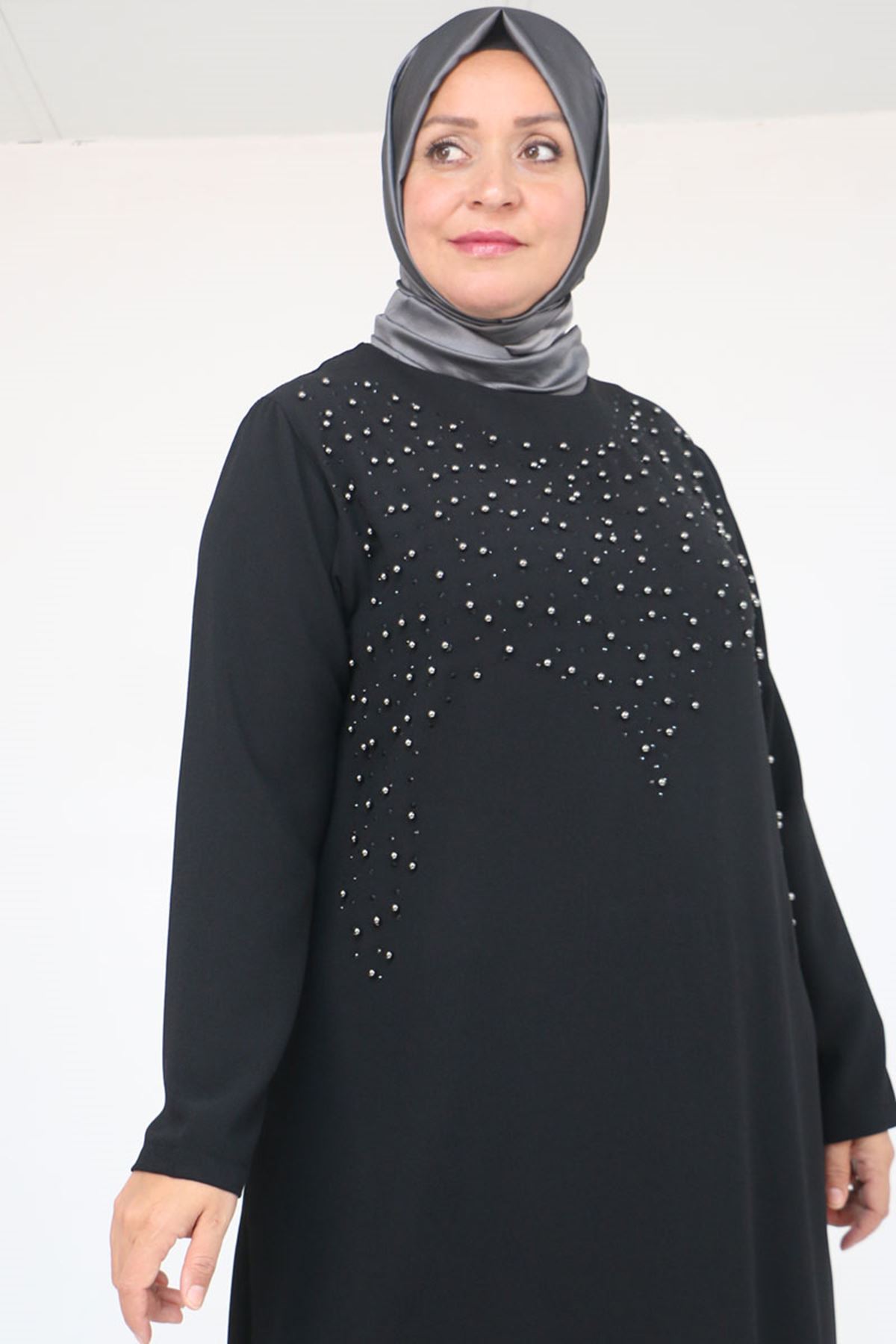 52025 Büyük Beden Etek Ucu Volanlı Taş Detaylı Elbise - Siyah