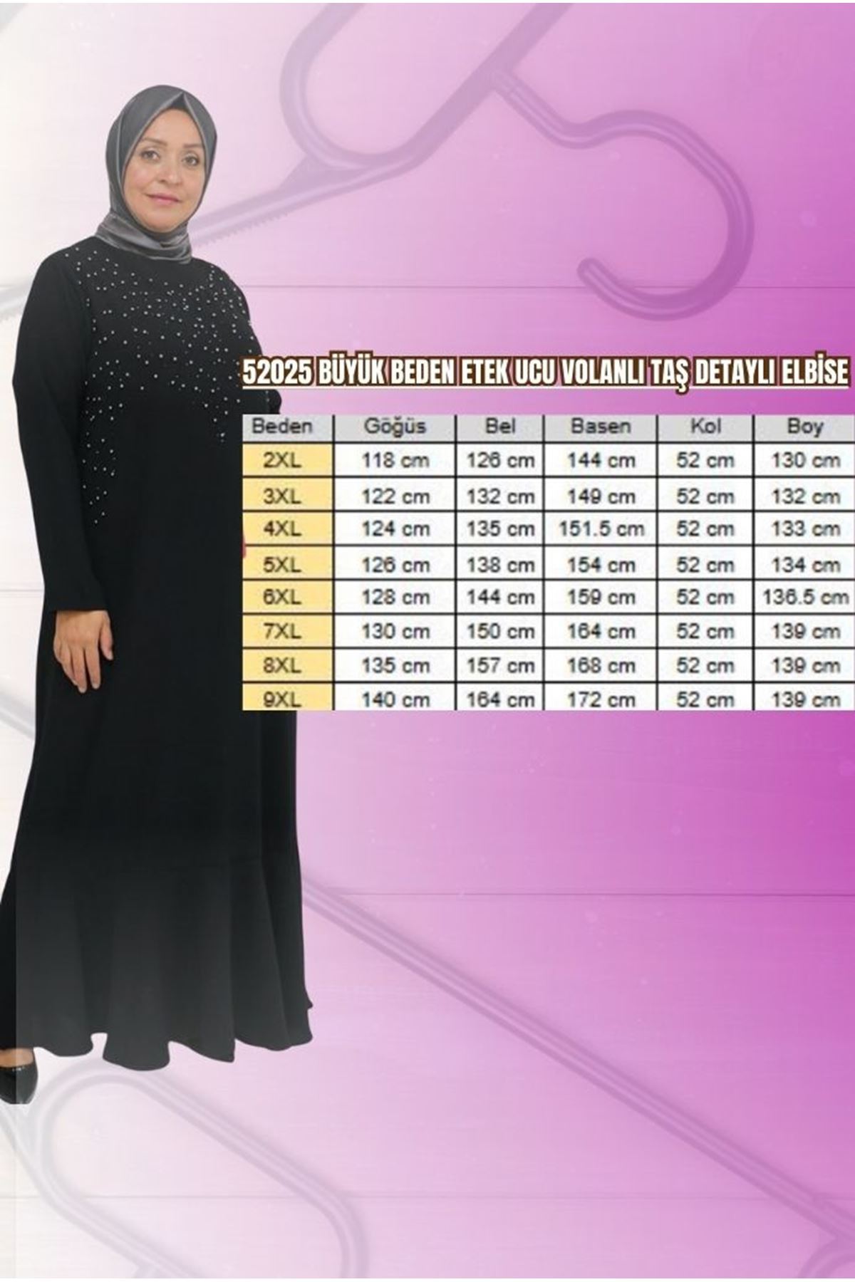 52025 Büyük Beden Etek Ucu Volanlı Taş Detaylı Elbise - Siyah