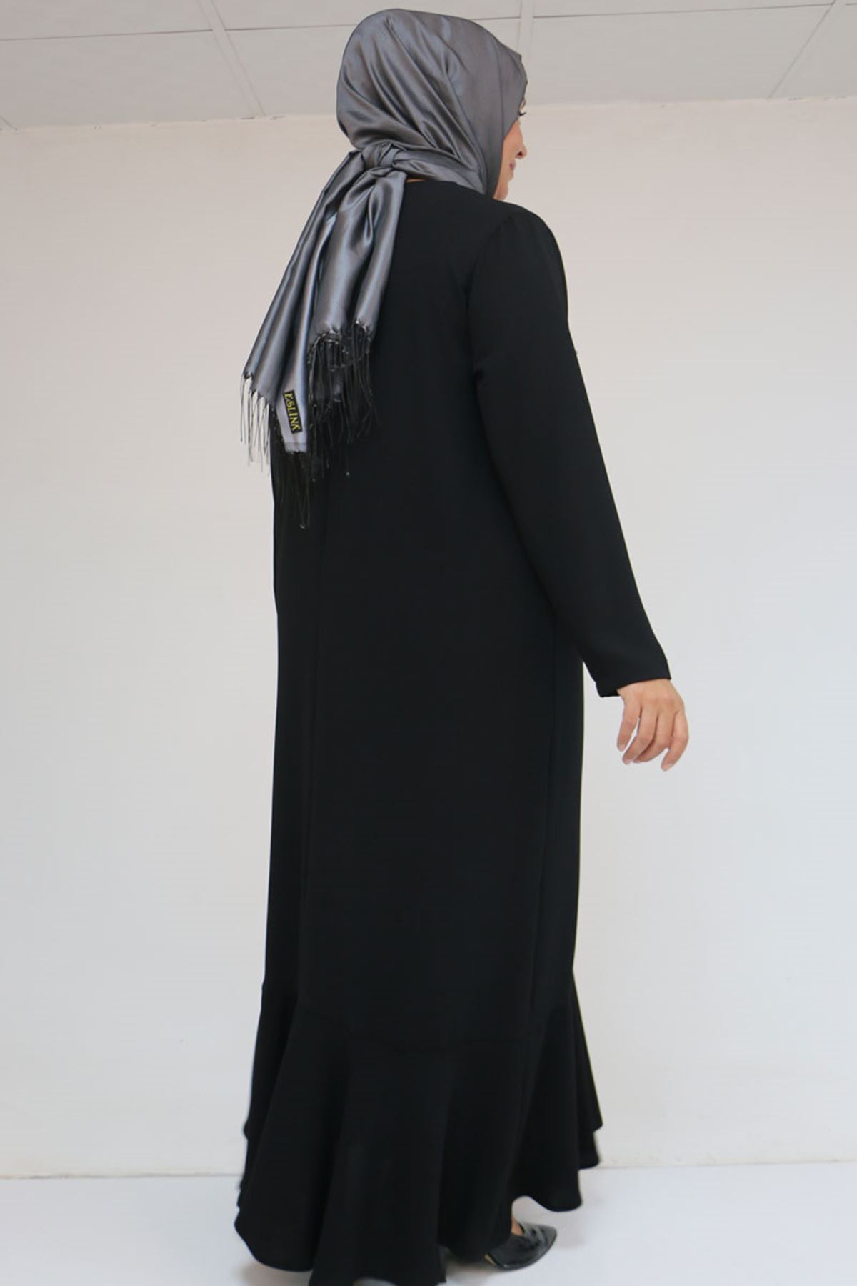 52025 Büyük Beden Etek Ucu Volanlı Taş Detaylı Elbise - Siyah