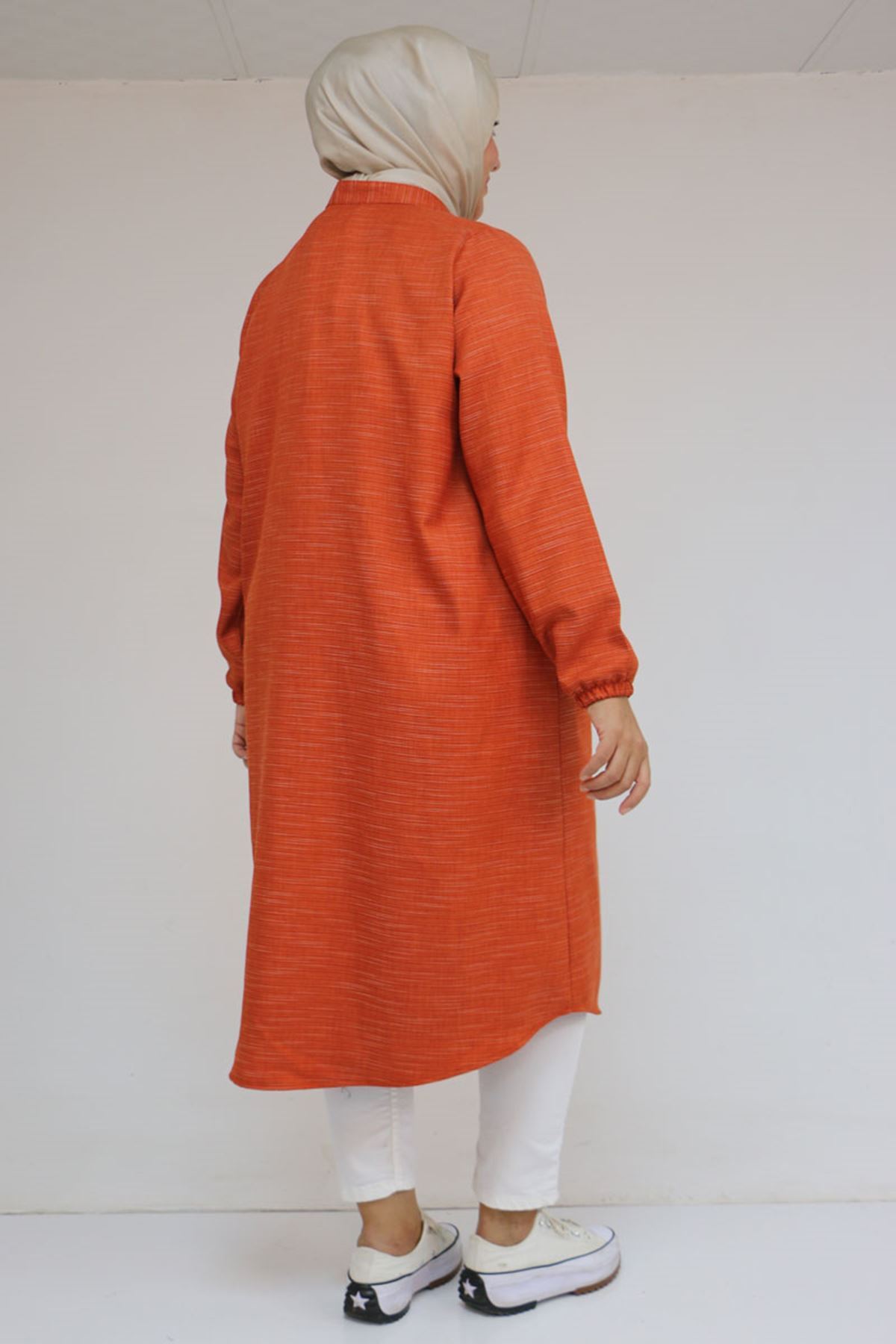 48072  Büyük Beden Kolları Lastikli Tunik - Kiremit Kırçıllı