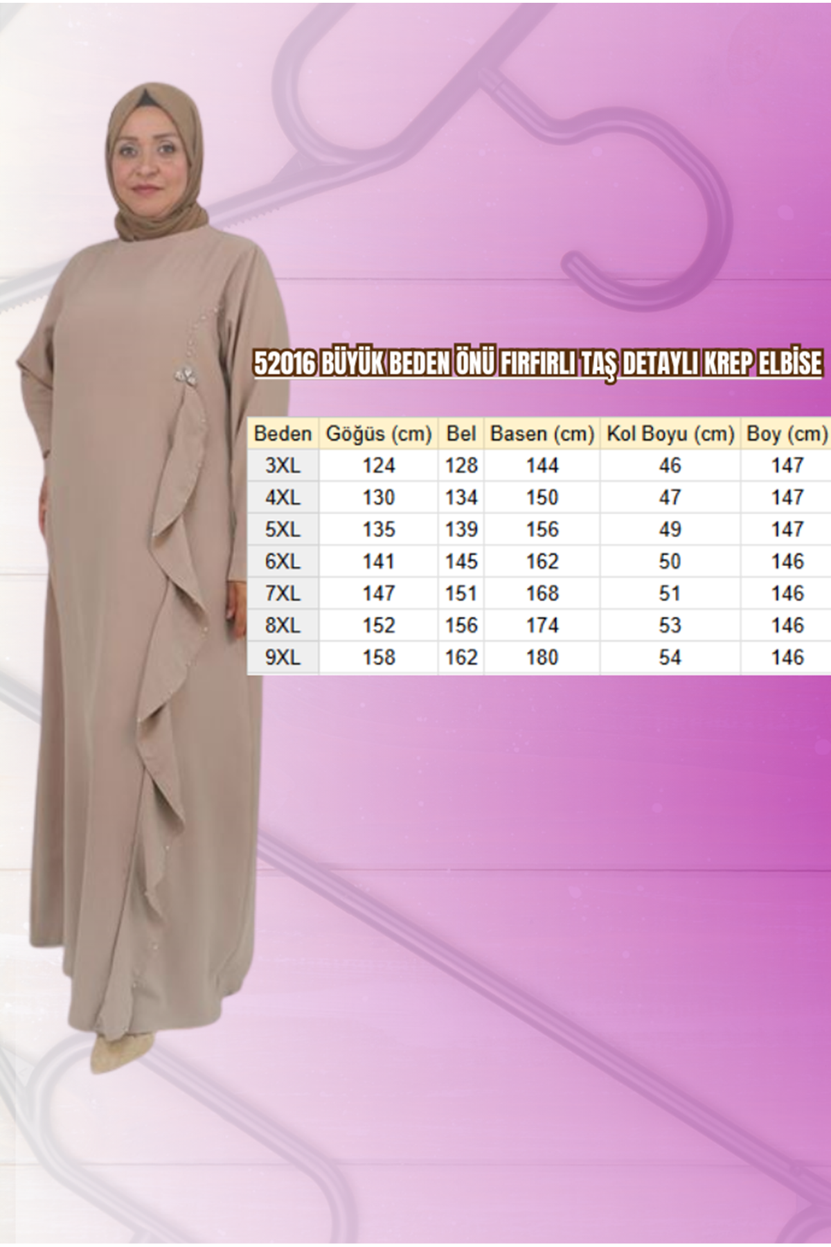 52016 Büyük Beden Önü Fırfırlı Taş Detaylı Krep Elbise - Bej