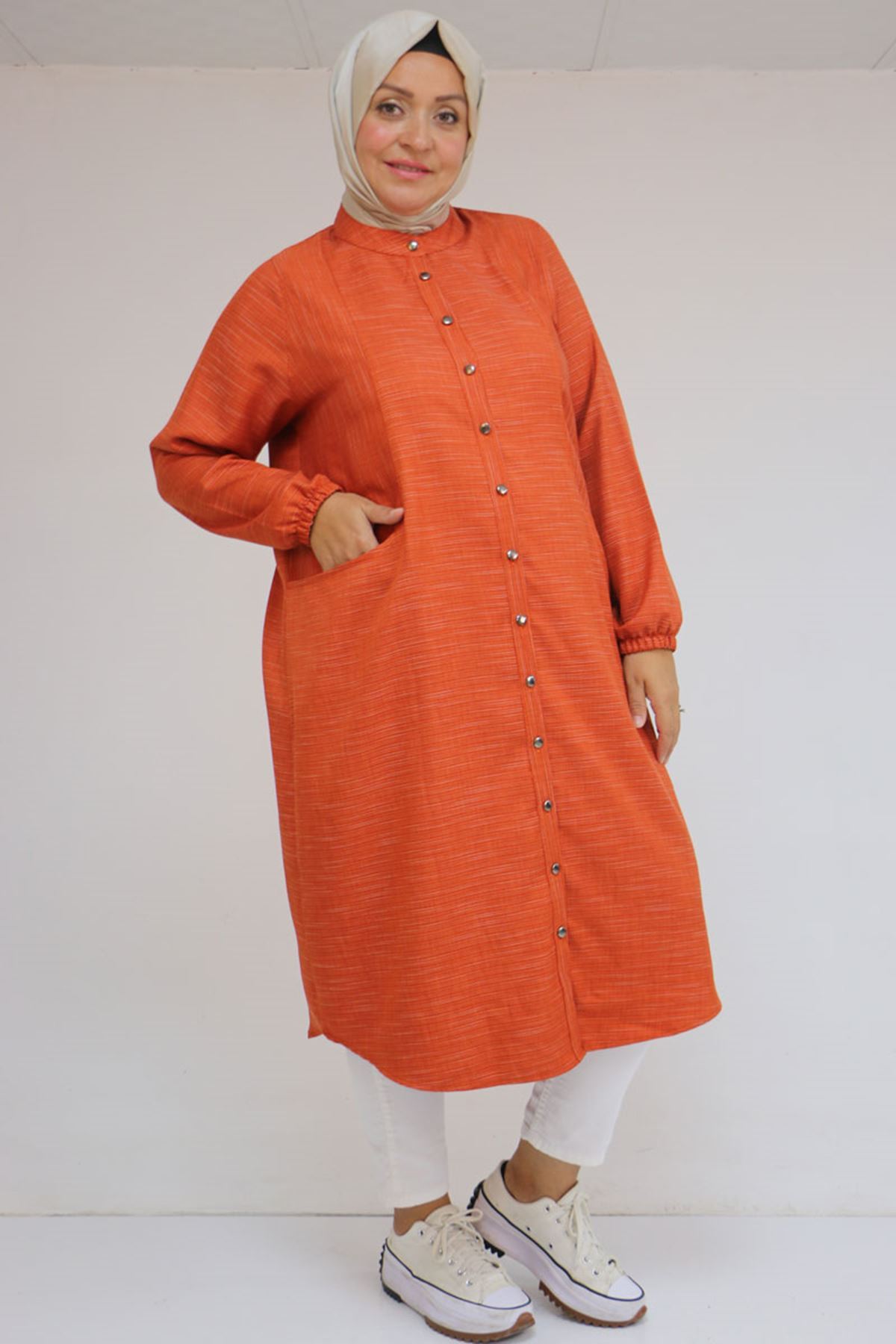 48072  Büyük Beden Kolları Lastikli Tunik - Kiremit Kırçıllı