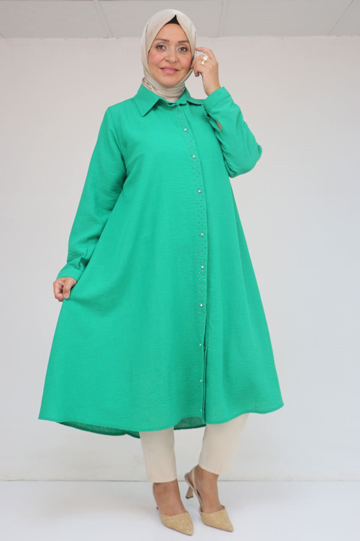 58087 Büyük Beden Taş Baskı Detaylı Keten Mevlana Tunik - Beneton