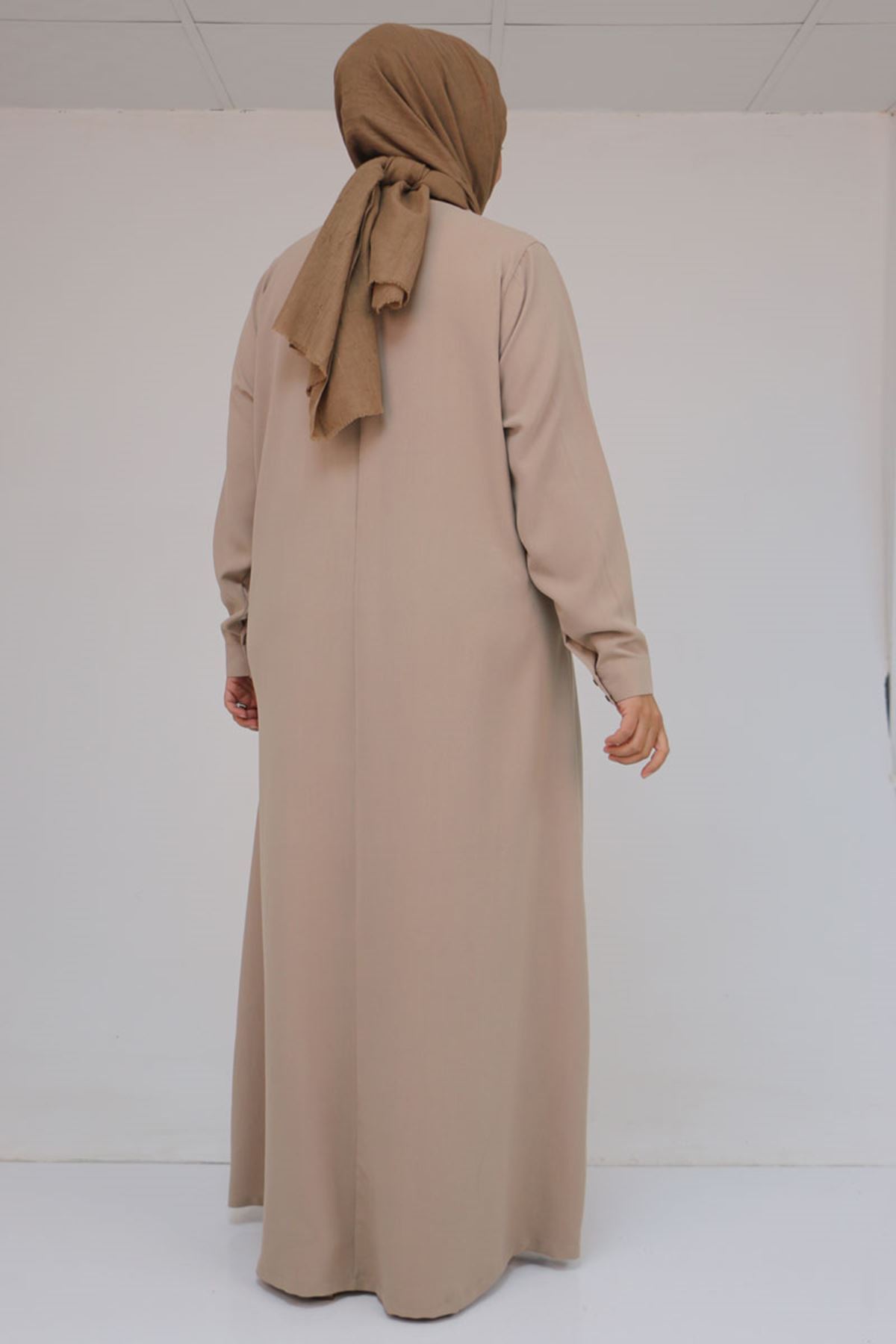 52016 Büyük Beden Önü Fırfırlı Taş Detaylı Krep Elbise - Bej