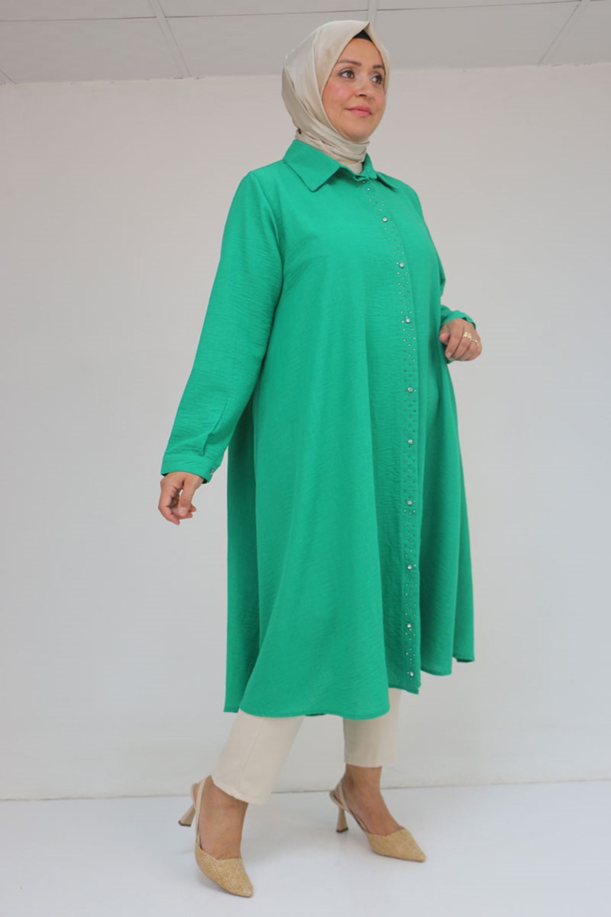 58087 Büyük Beden Taş Baskı Detaylı Keten Mevlana Tunik - Beneton