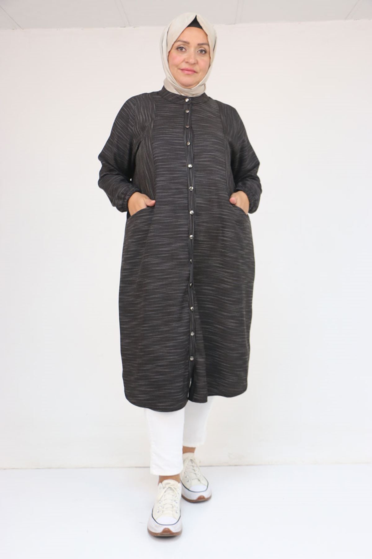 48072  Büyük Beden Kolları Lastikli Tunik - Siyah Kırçıllı