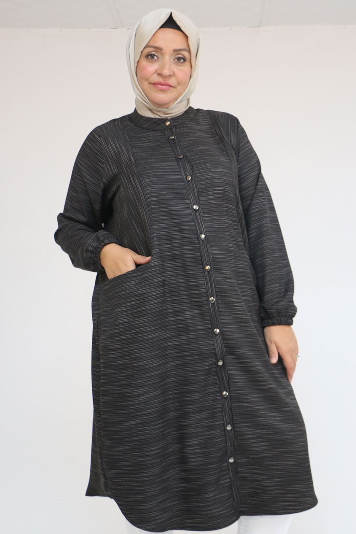 48072  Büyük Beden Kolları Lastikli Tunik - Siyah Kırçıllı