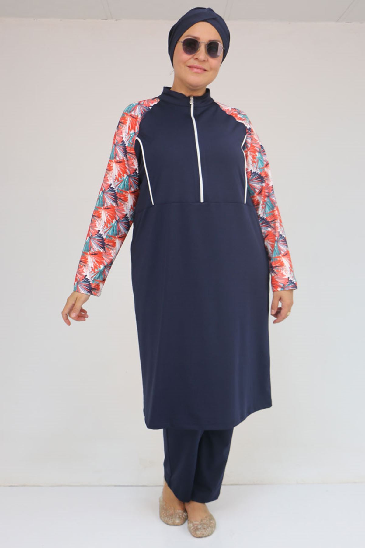 1733 Büyük Beden Fermuarlı Tesettür Mayo - Yaprak Desen Oranj