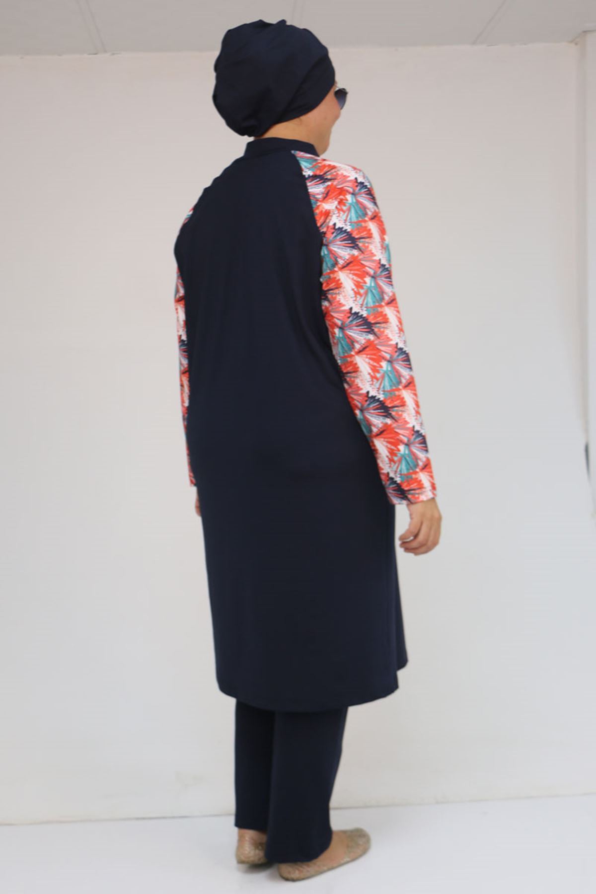 1733 Büyük Beden Fermuarlı Tesettür Mayo - Yaprak Desen Oranj