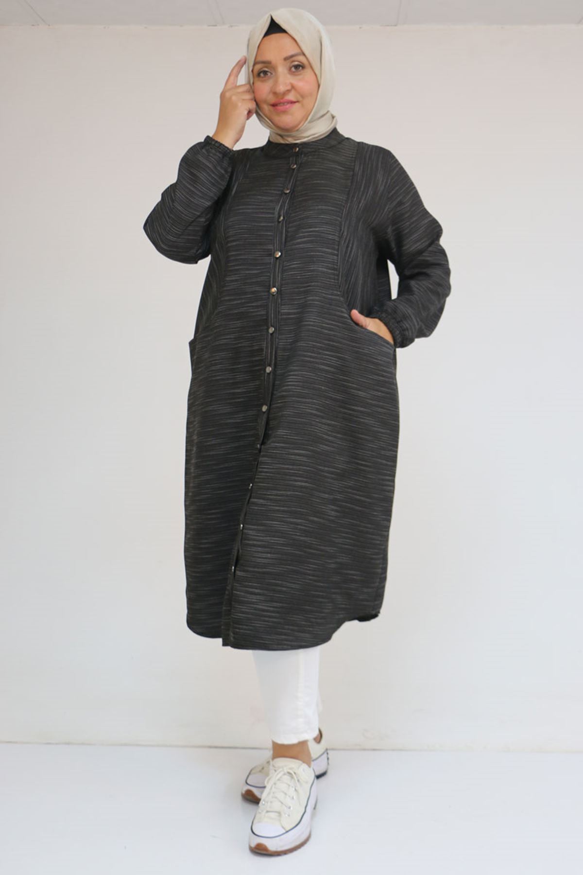 48072  Büyük Beden Kolları Lastikli Tunik - Siyah Kırçıllı