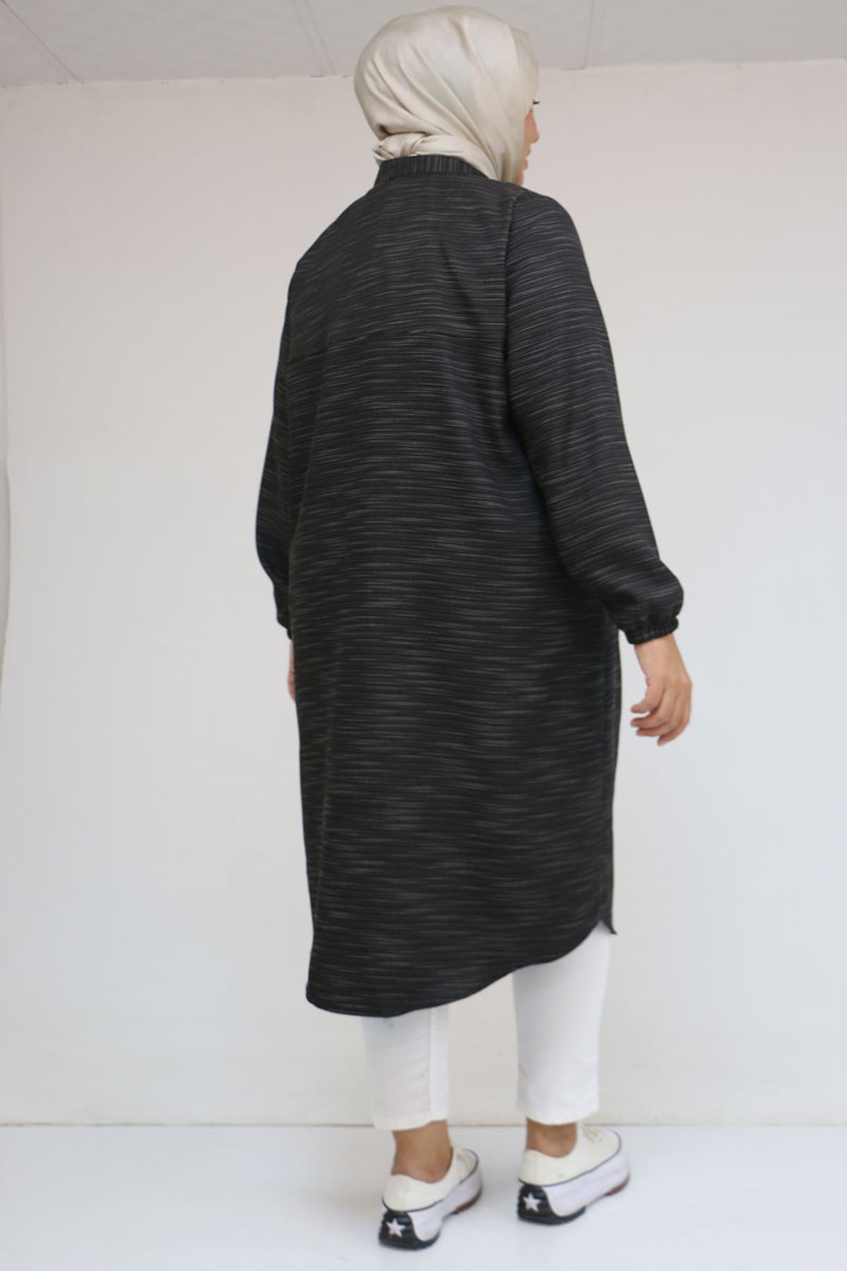 48072  Büyük Beden Kolları Lastikli Tunik - Siyah Kırçıllı