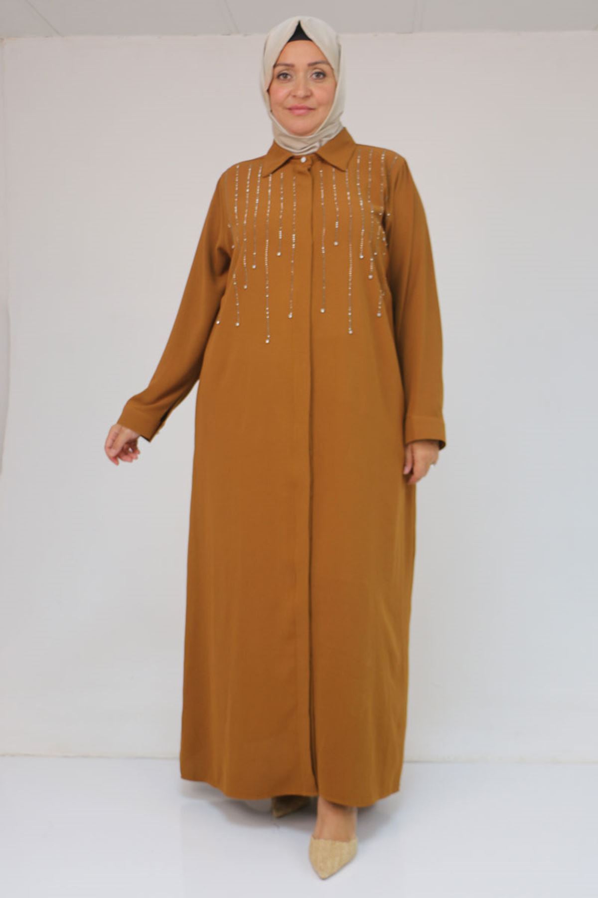 56018 Büyük Beden Taş Baskı Detaylı  Krep Ferace - Taba