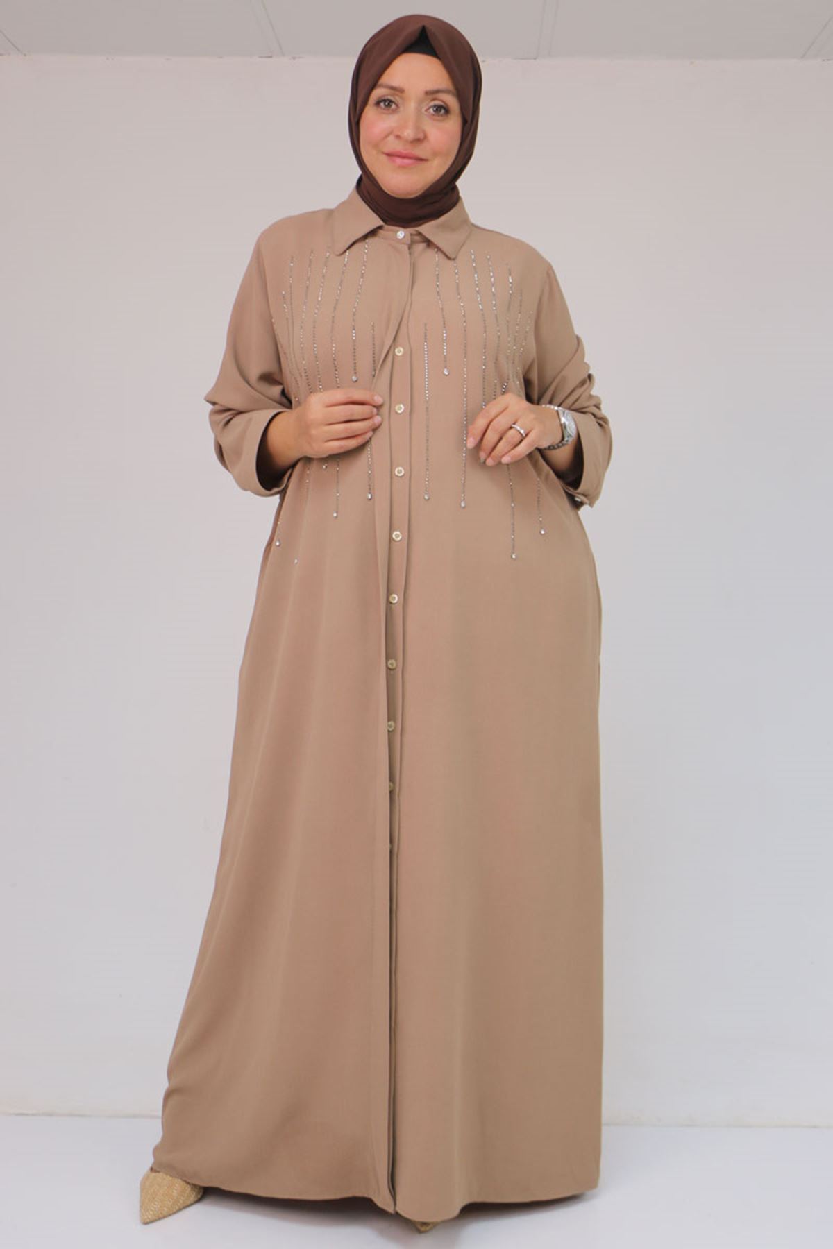 56018 Büyük Beden Taş Baskı Detaylı  Krep Ferace - Bej