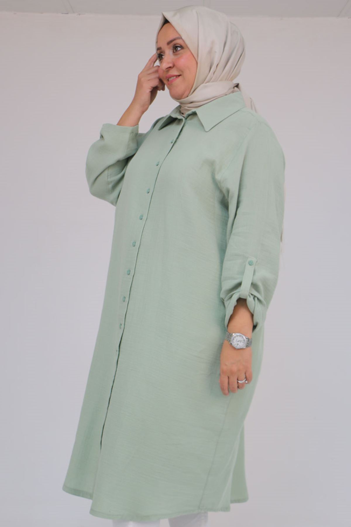 48058 Büyük Beden Düğmeli Müslin Gömlek - Nefti