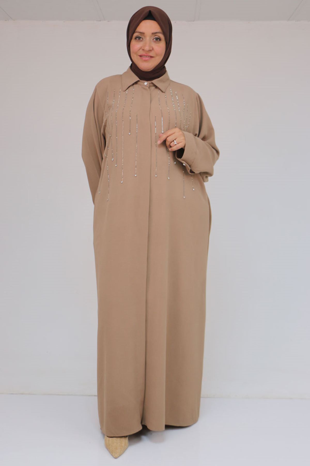 56018 Büyük Beden Taş Baskı Detaylı  Krep Ferace - Bej